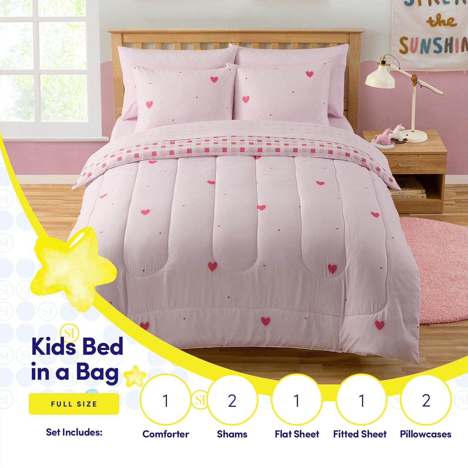 Kids Hearts Printed Bed in a Bag Comforter & Sheet Set