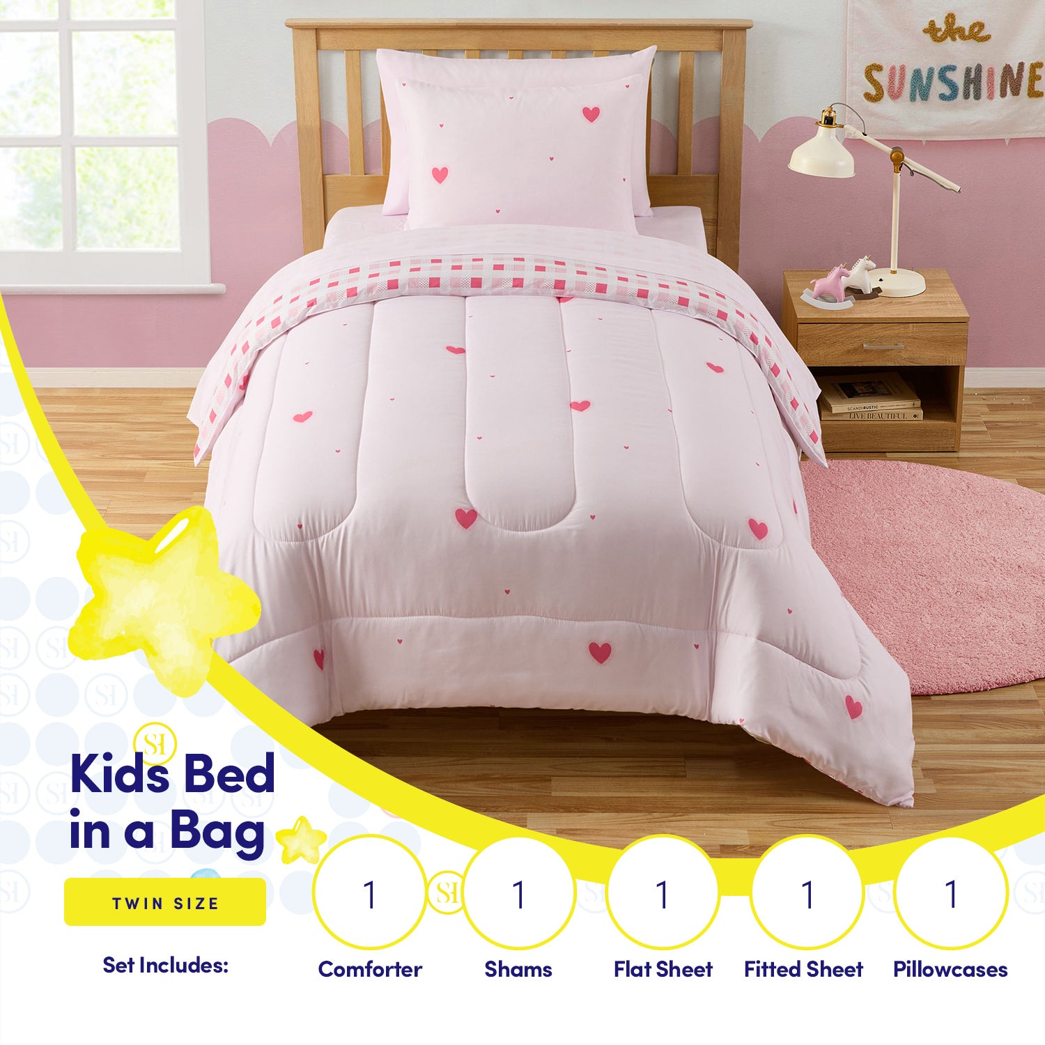 Kids Hearts Printed Bed in a Bag Comforter & Sheet Set