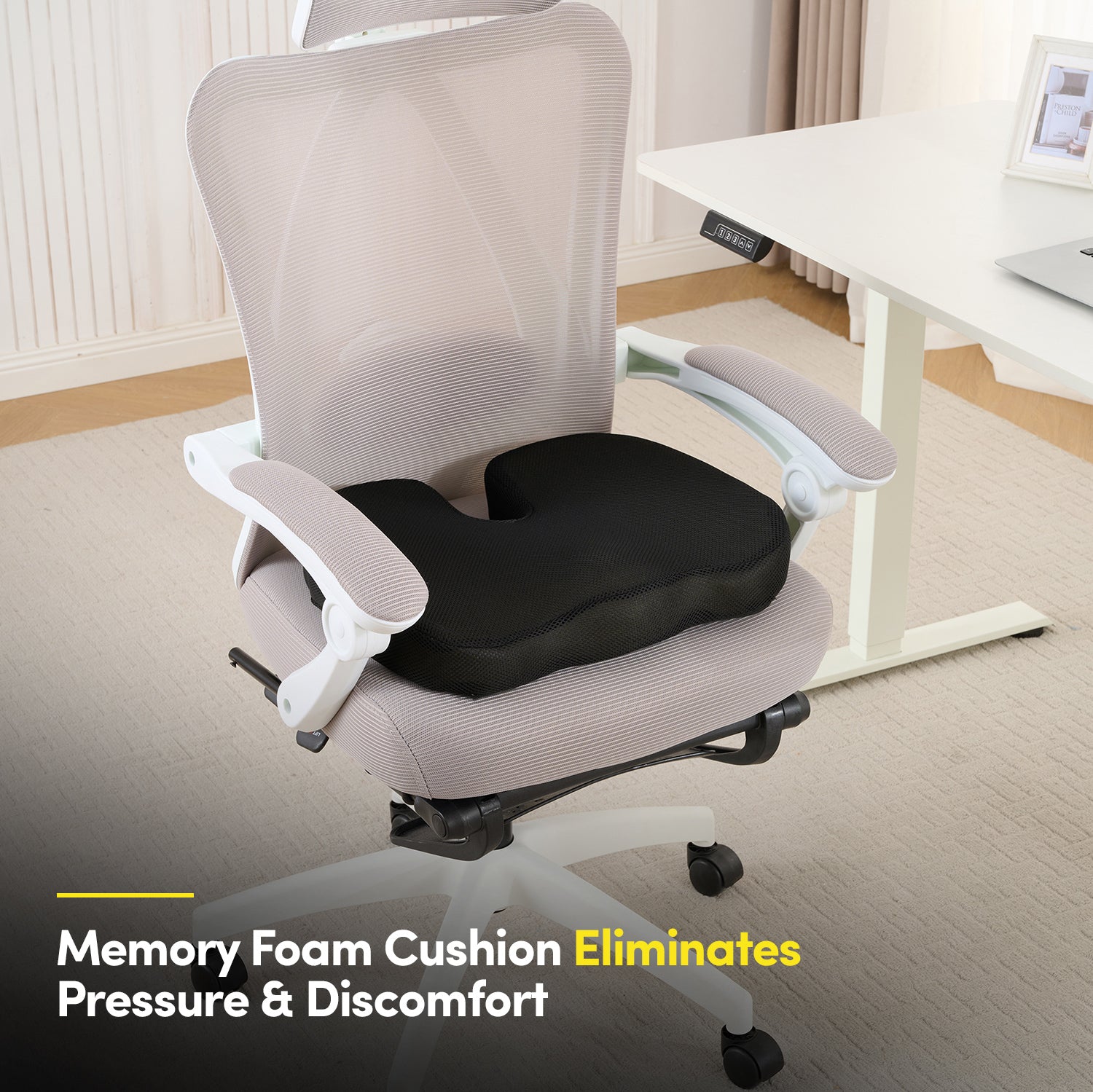 Premium Memory Foam Comfort Chair Cushion, Ergonomic Cushion for Chair, Car, Office Desk, Tailbone Relief - Black