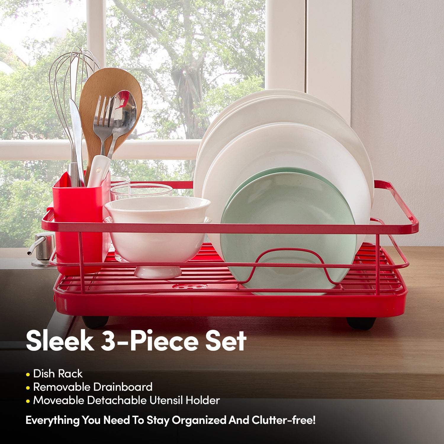 3-Piece Multi-Functional Dish Drying Rack with Drain Board & Utensil Holder