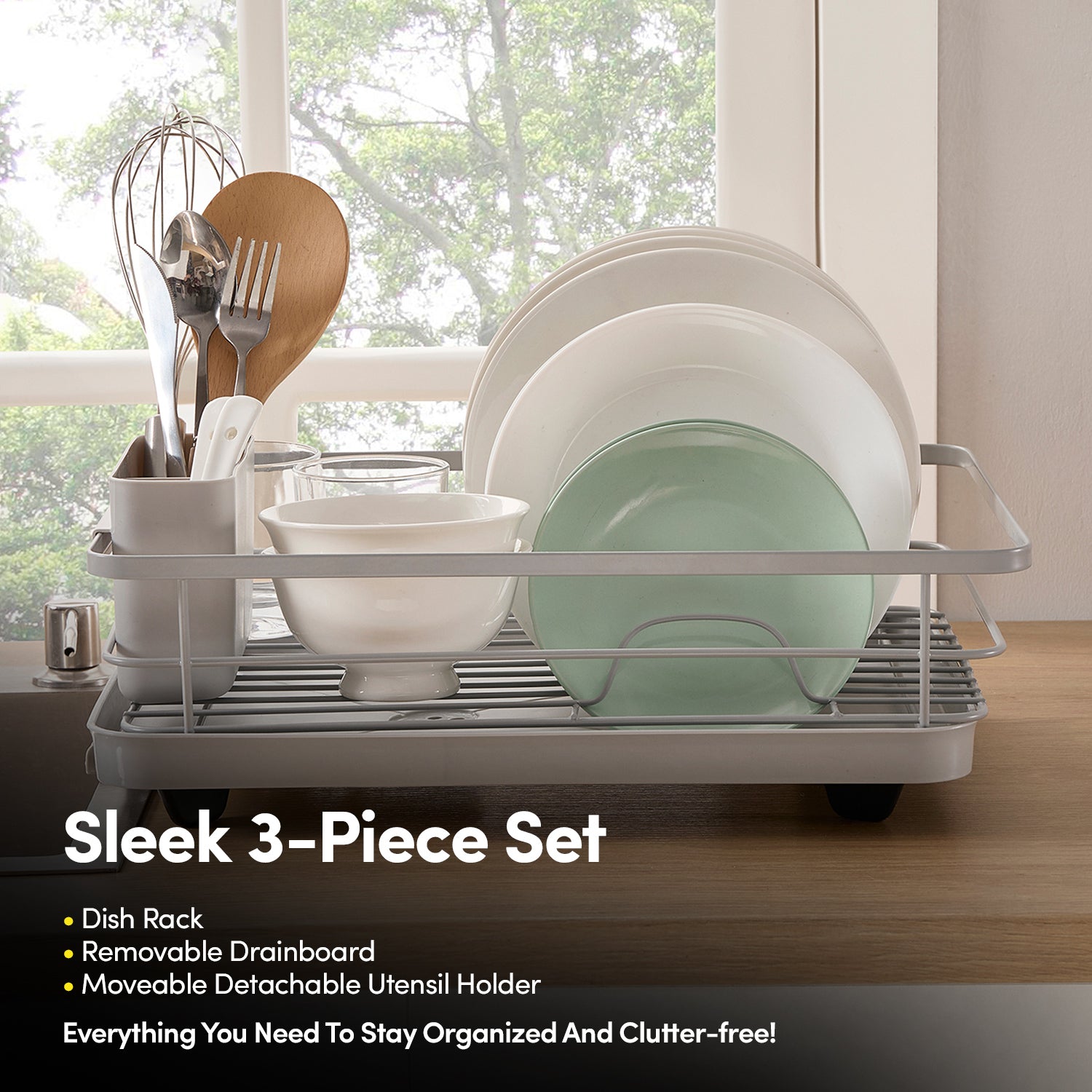 3-Piece Multi-Functional Dish Drying Rack with Drain Board & Utensil Holder