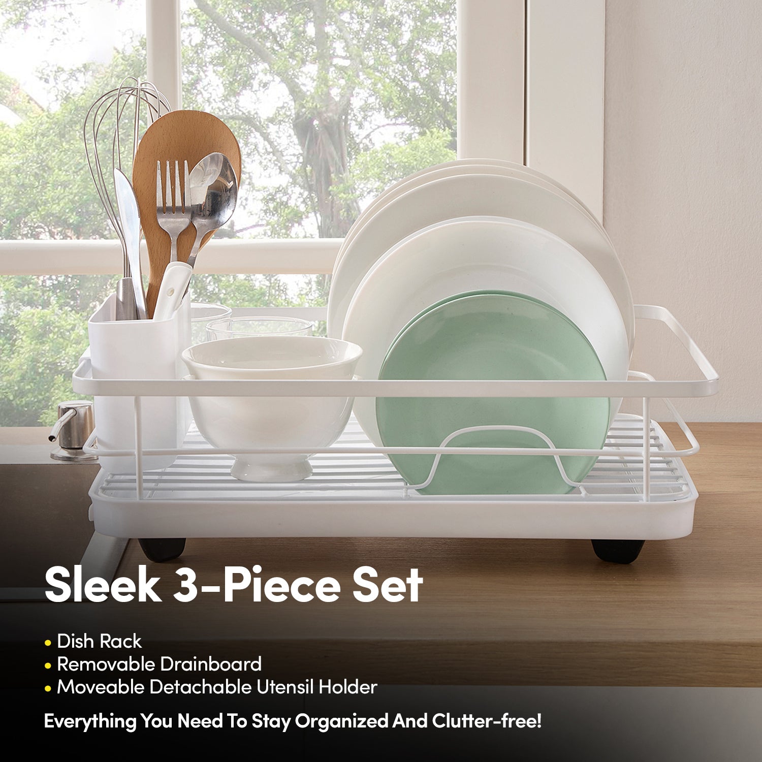 3-Piece Multi-Functional Dish Drying Rack with Drain Board & Utensil Holder
