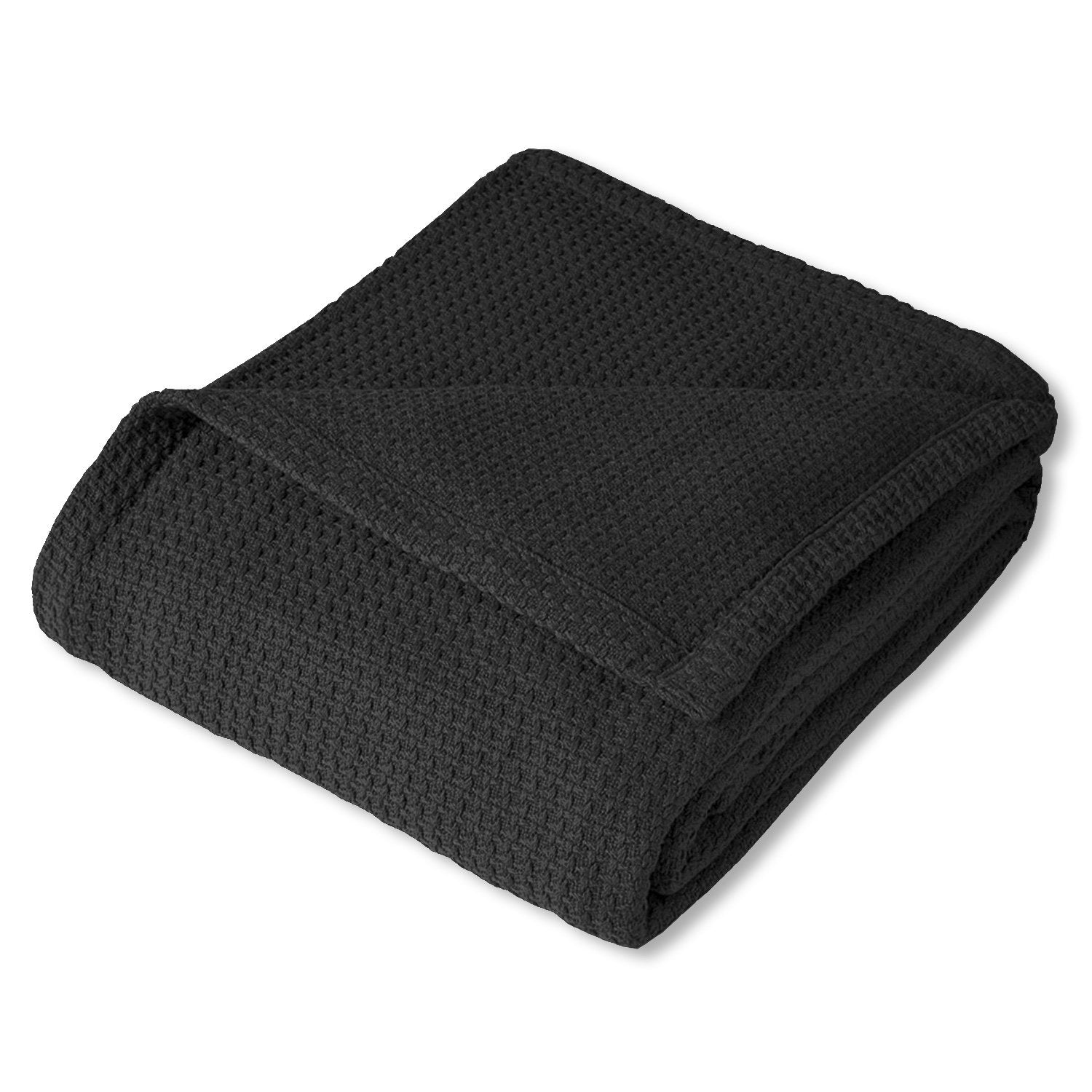 Basket Weave Cotton Blanket Black - Folded