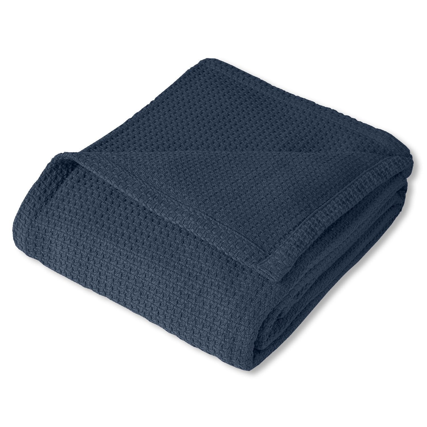 Basket Weave Cotton Blanket Navy - Folded