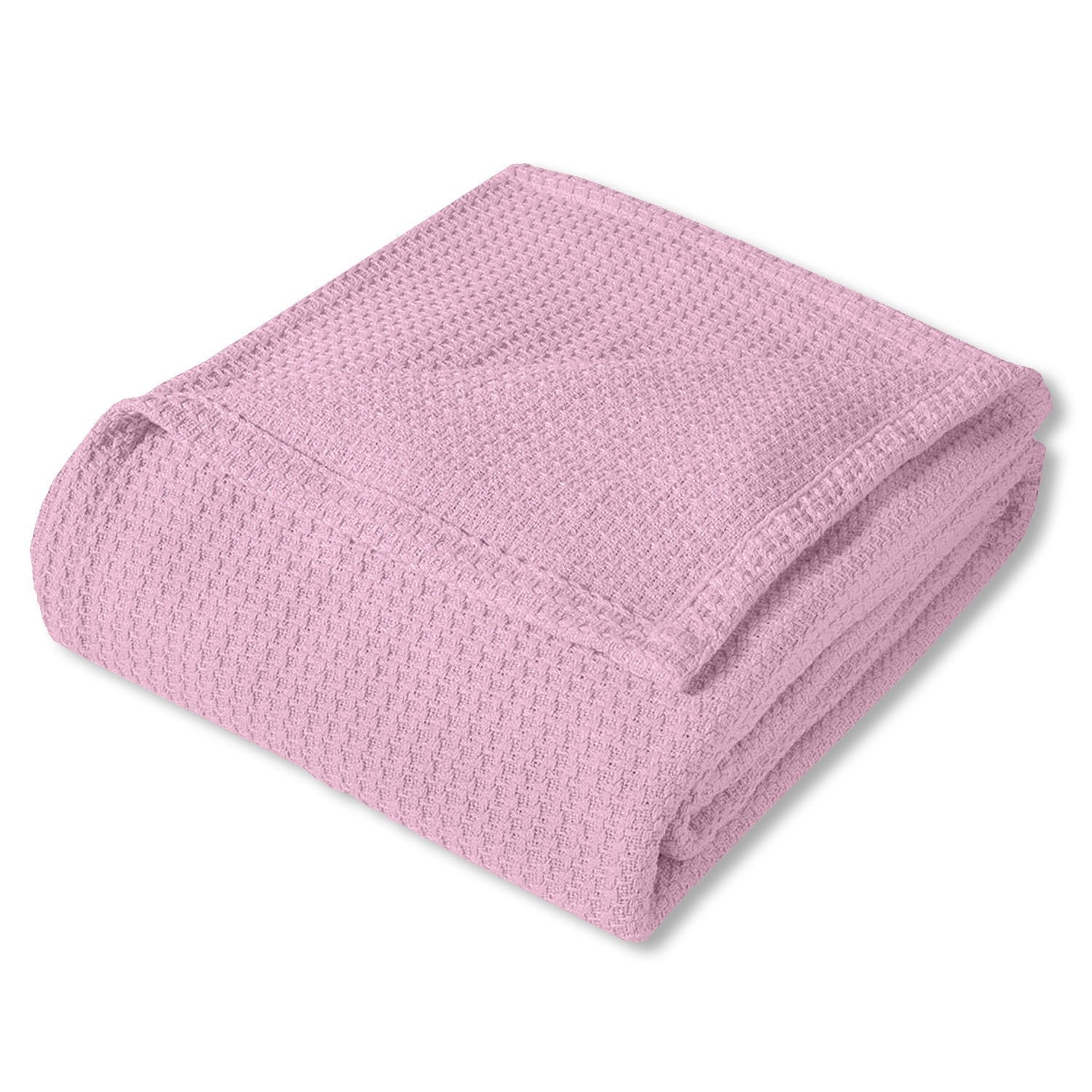 Basket Weave Cotton Blanket Pink - Folded