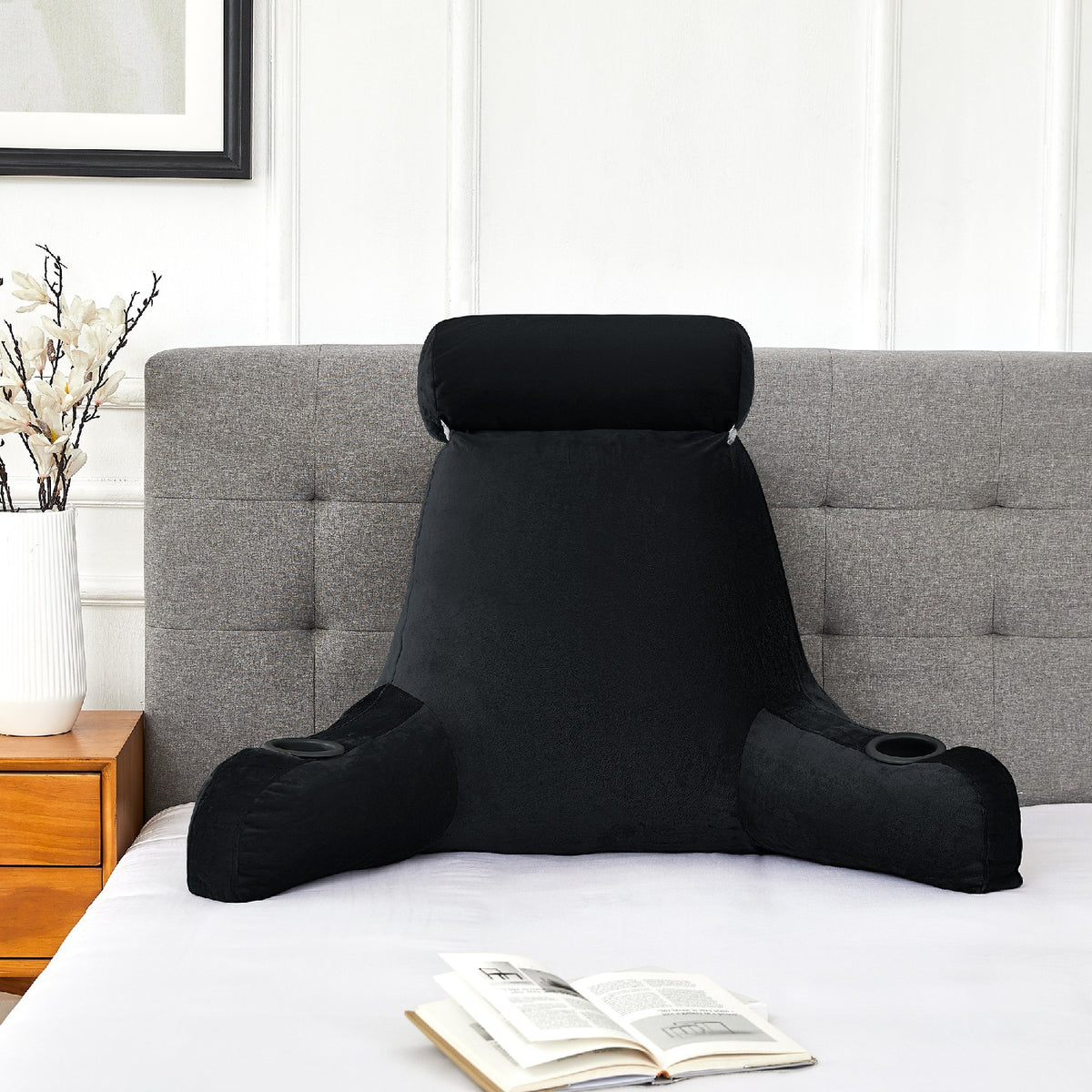 Large Bed Rest Reading Pillow with Cup Holders
