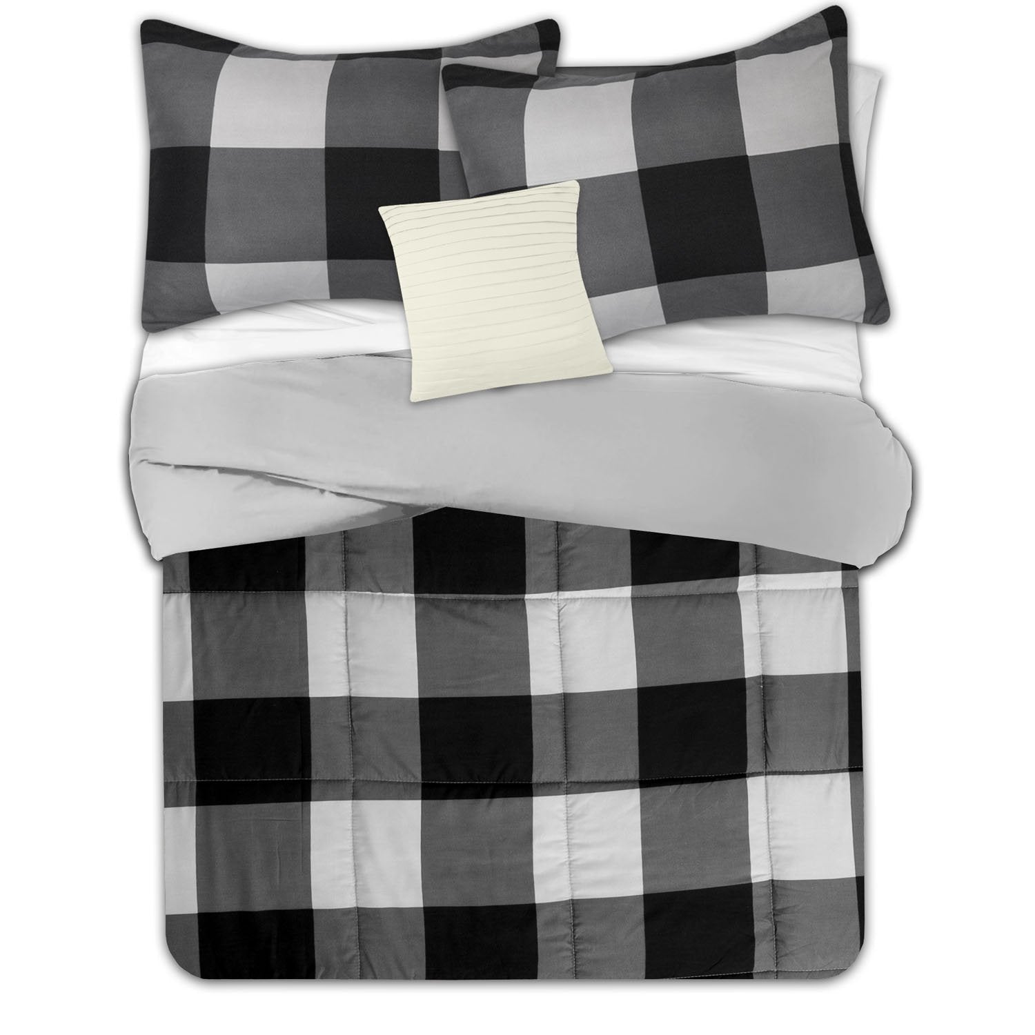 Buffalo Check 4-Piece Reversible Comforter Set Black Gray - Top