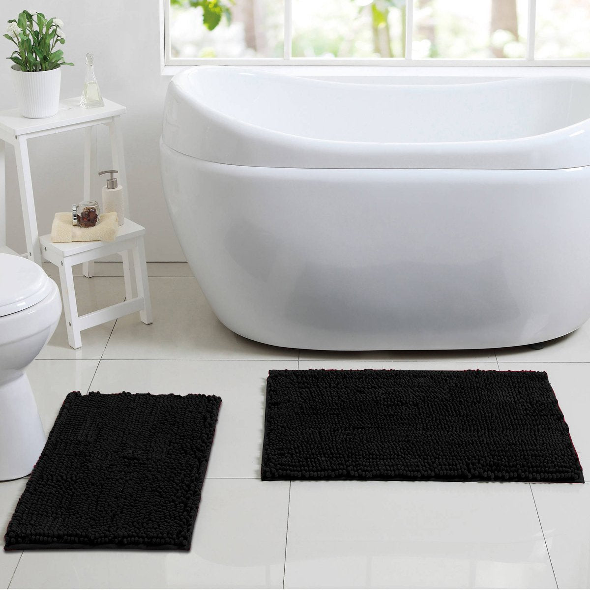 Chenille Noodle Bathroom Mat Set Black - Lifestyle