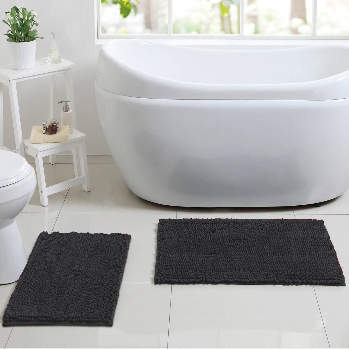 Chenille Noodle Bathroom Mat Set Charcoal - Lifestyle