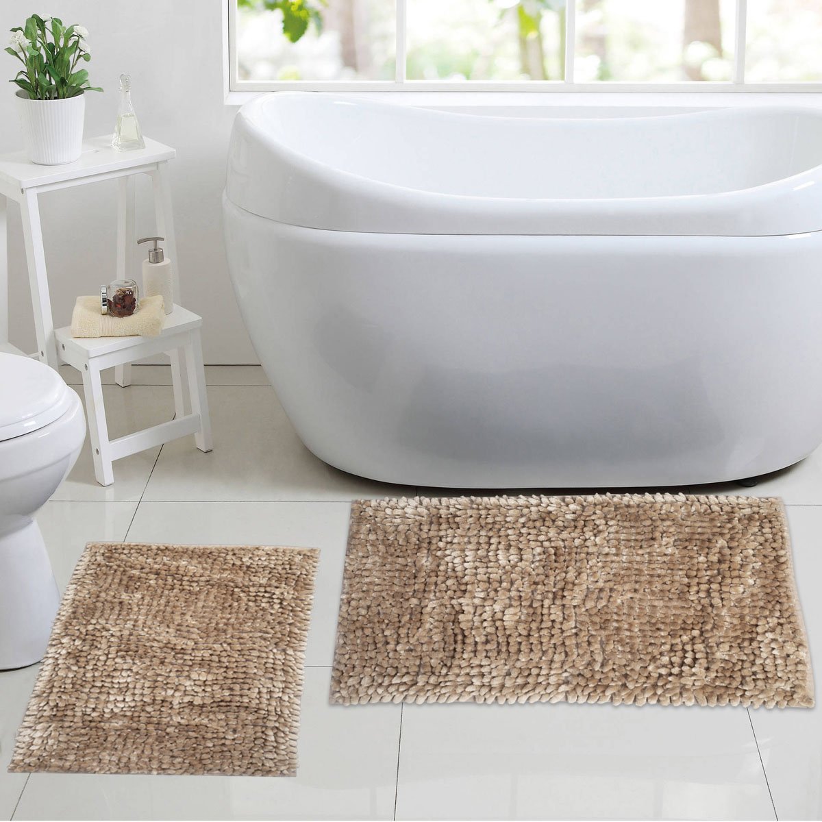Chenille Noodle Bathroom Mat Set Taupe - Lifestyle
