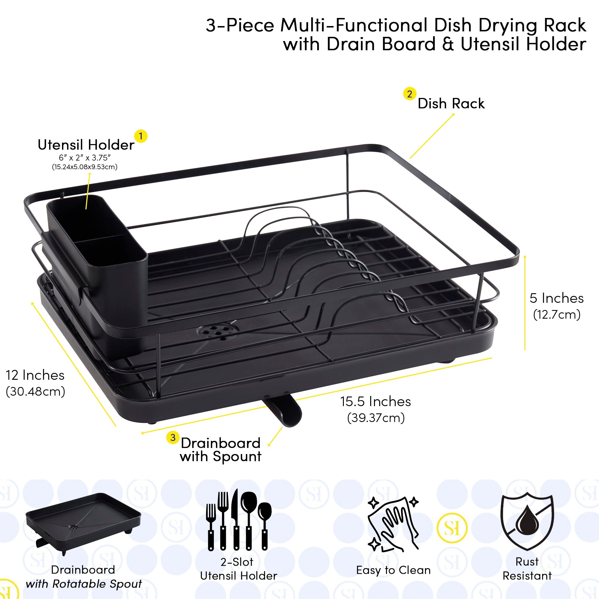 3-Piece Multi-Functional Dish Drying Rack with Drain Board & Utensil Holder