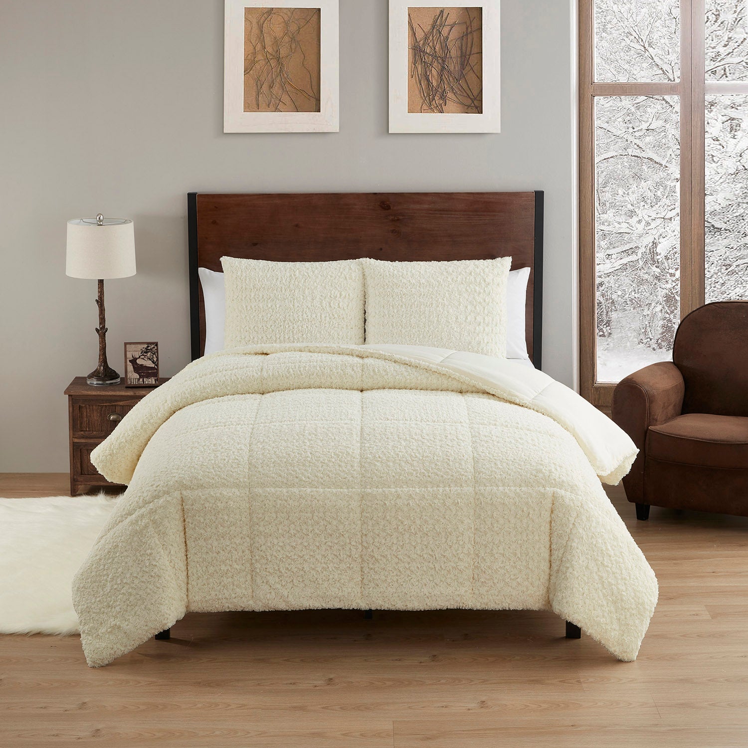 Faux Fur Animal 3-Piece Comforter Set, Cream - Bed 2