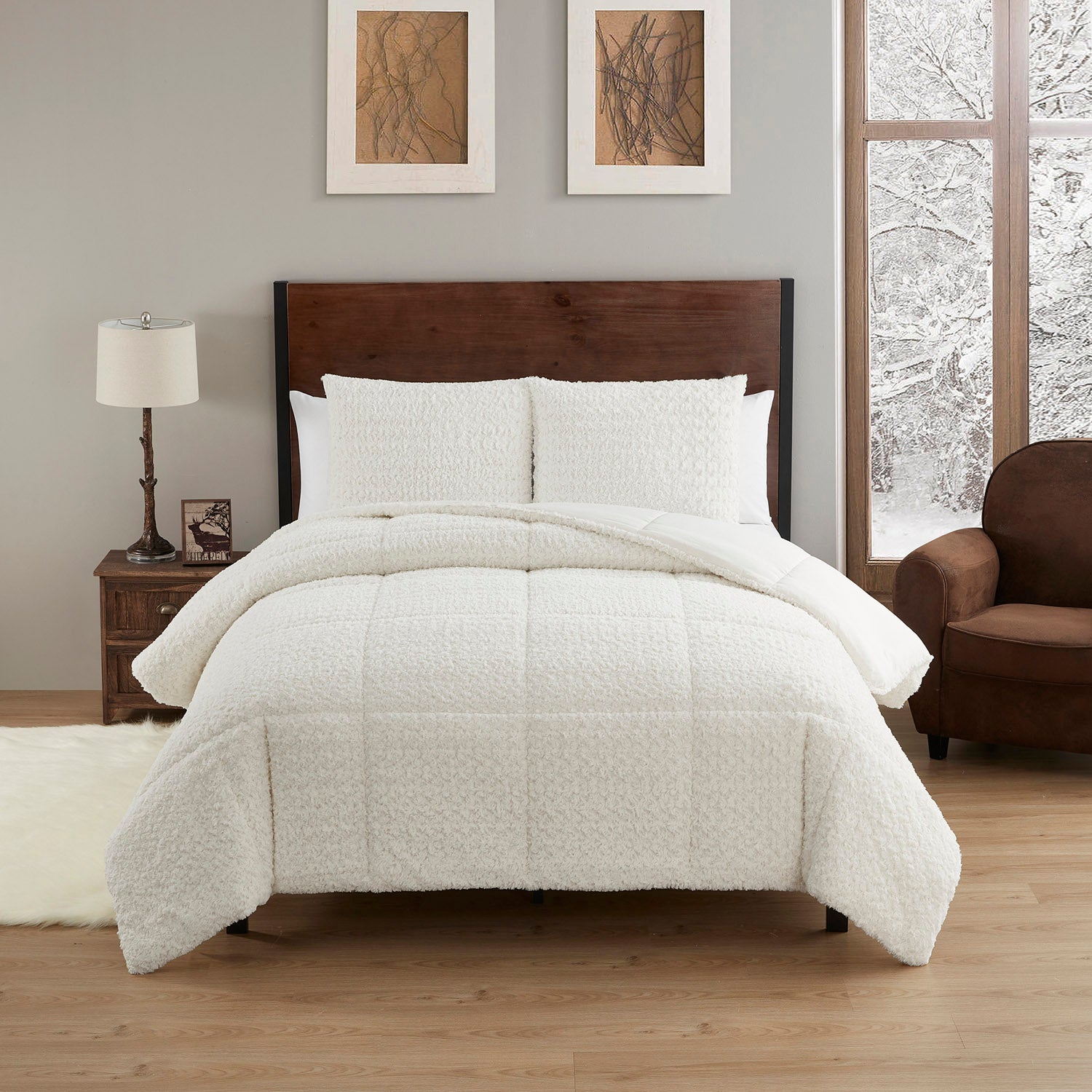 Faux Fur Animal 3-Piece Comforter Set, Ivory - Bed 2