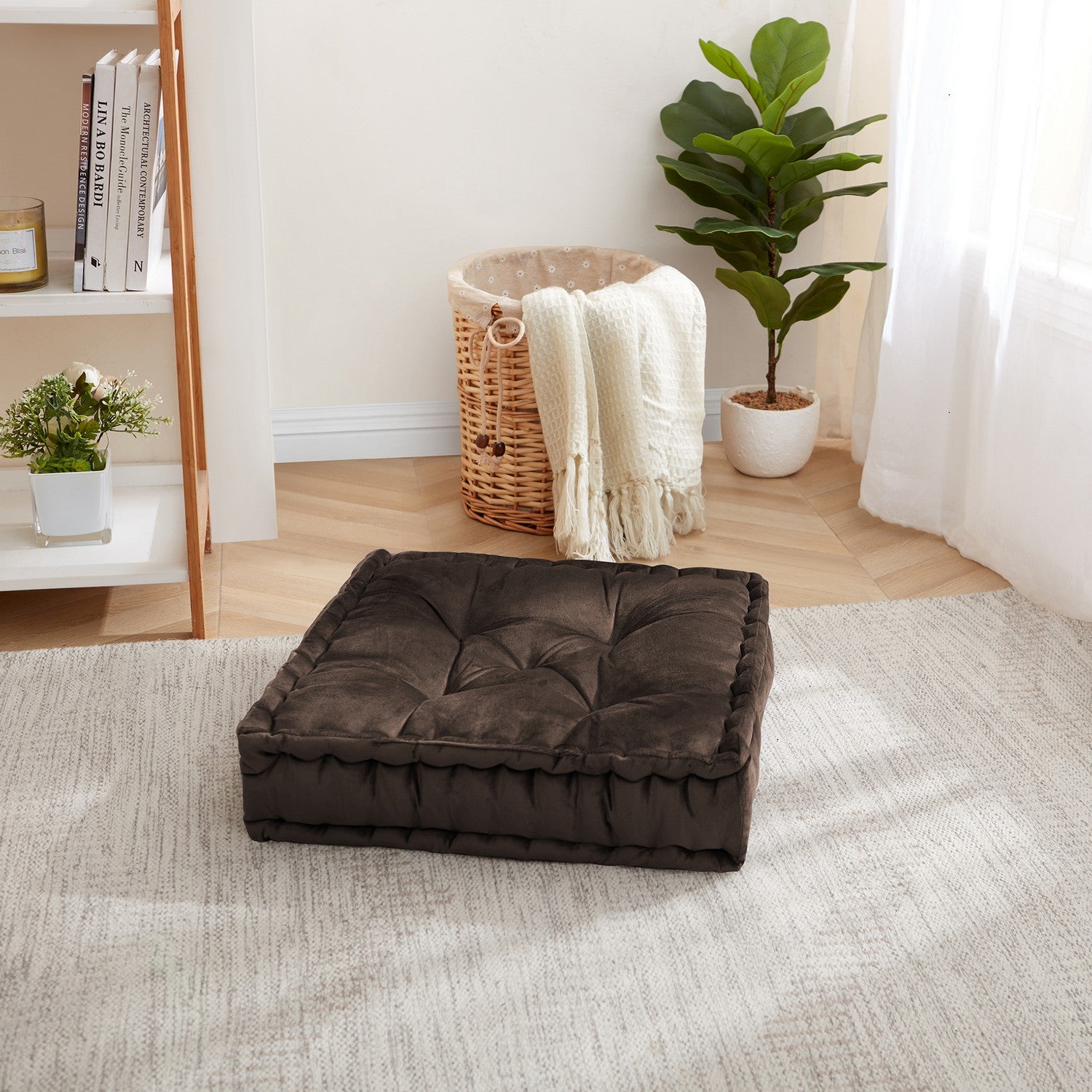 20"x20" Oversized Square Tufted Floor Pillow in Faux Velvet Fabric