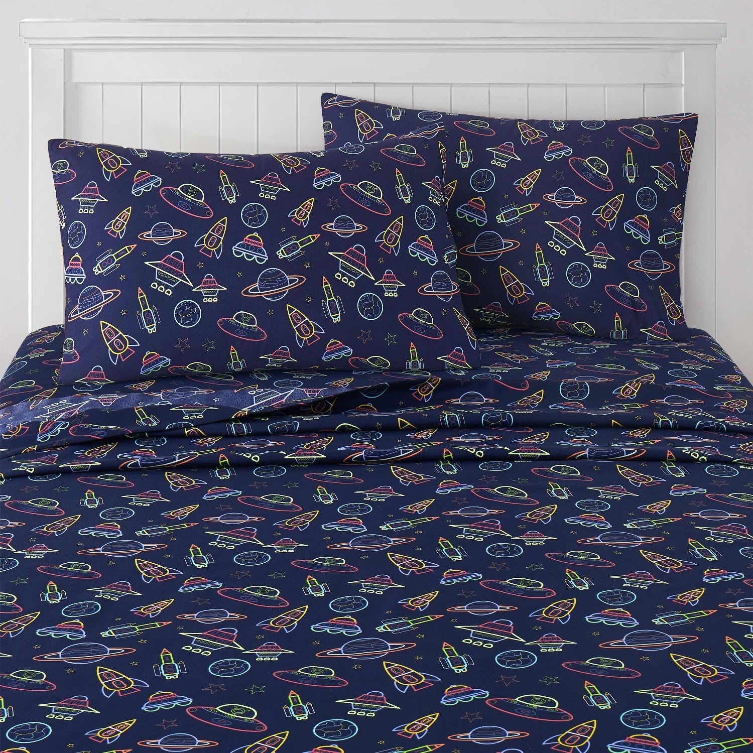 Printed Kids Bed Sheet Set (Neon Space) - Bed