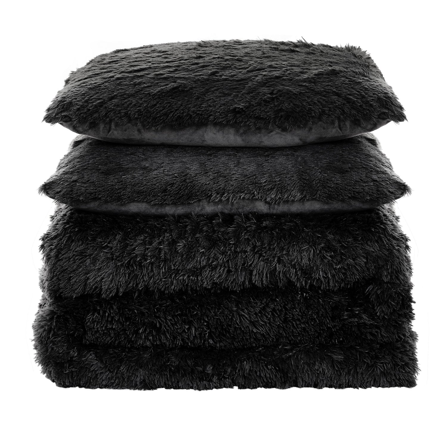 Shaggy Faux Fur 3-Piece Comforter Set Black - Folded
