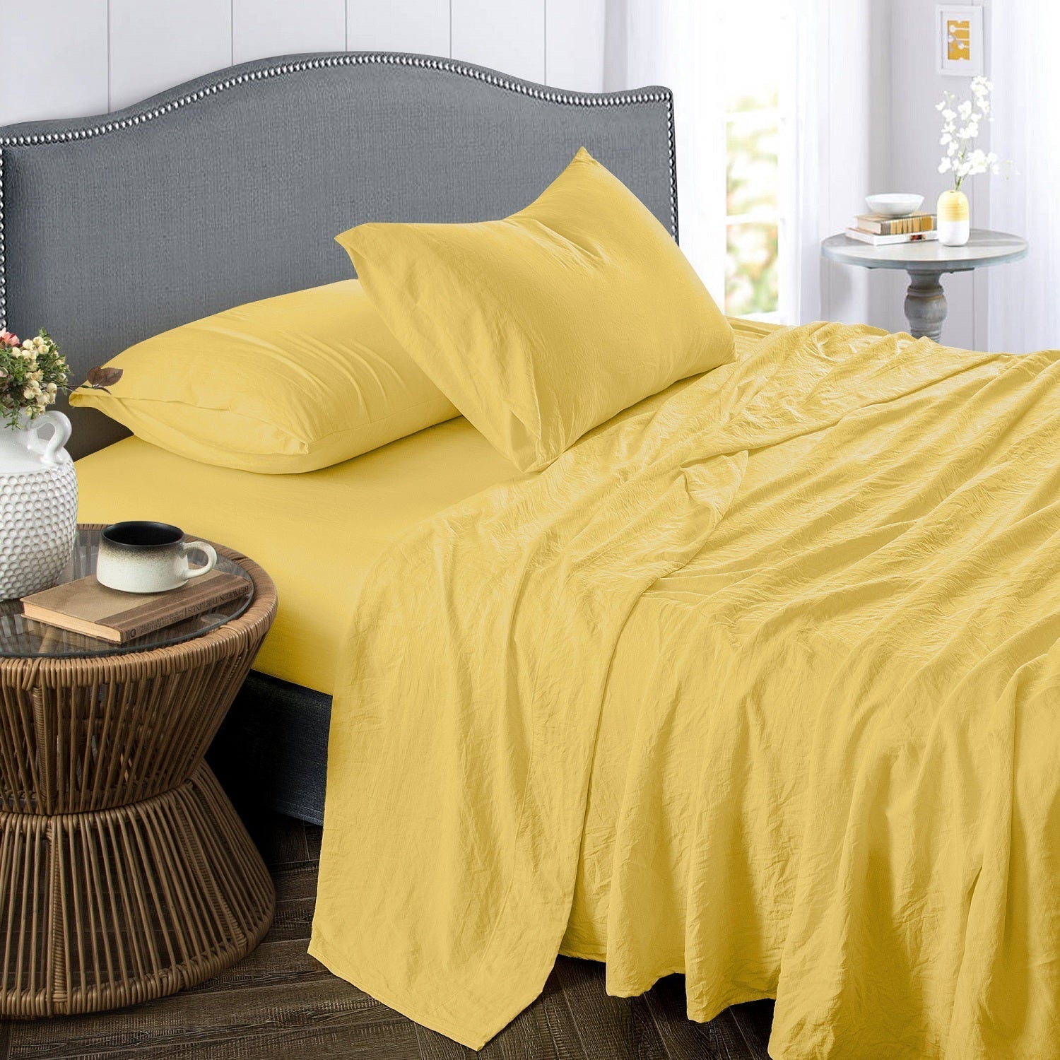 Washed Crinkled 4-Piece Sheet Set Yellow - Bed
