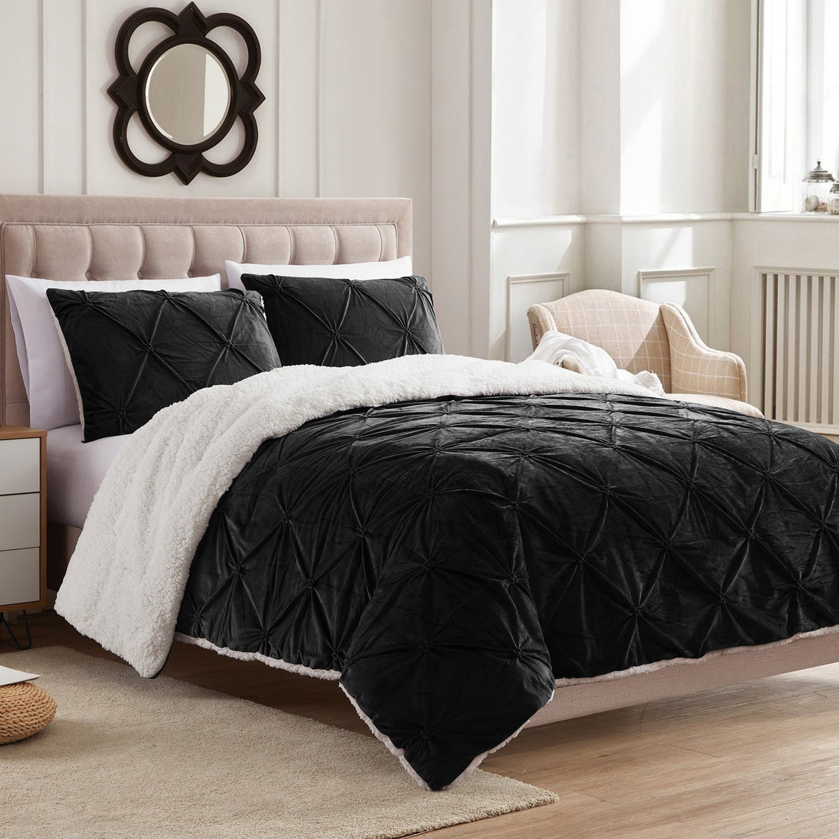 Pintuck Sherpa 3-Piece Comforter Set Black - Bed