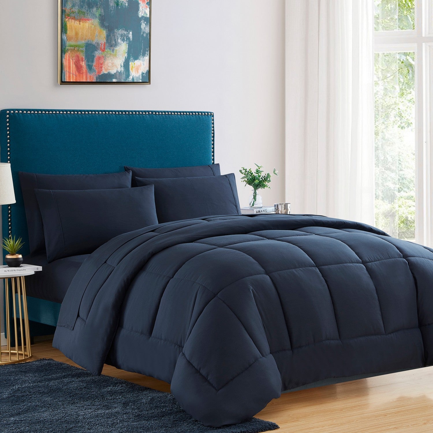 Basic 5-Piece Bed in a Bag  Set Navy - Folded