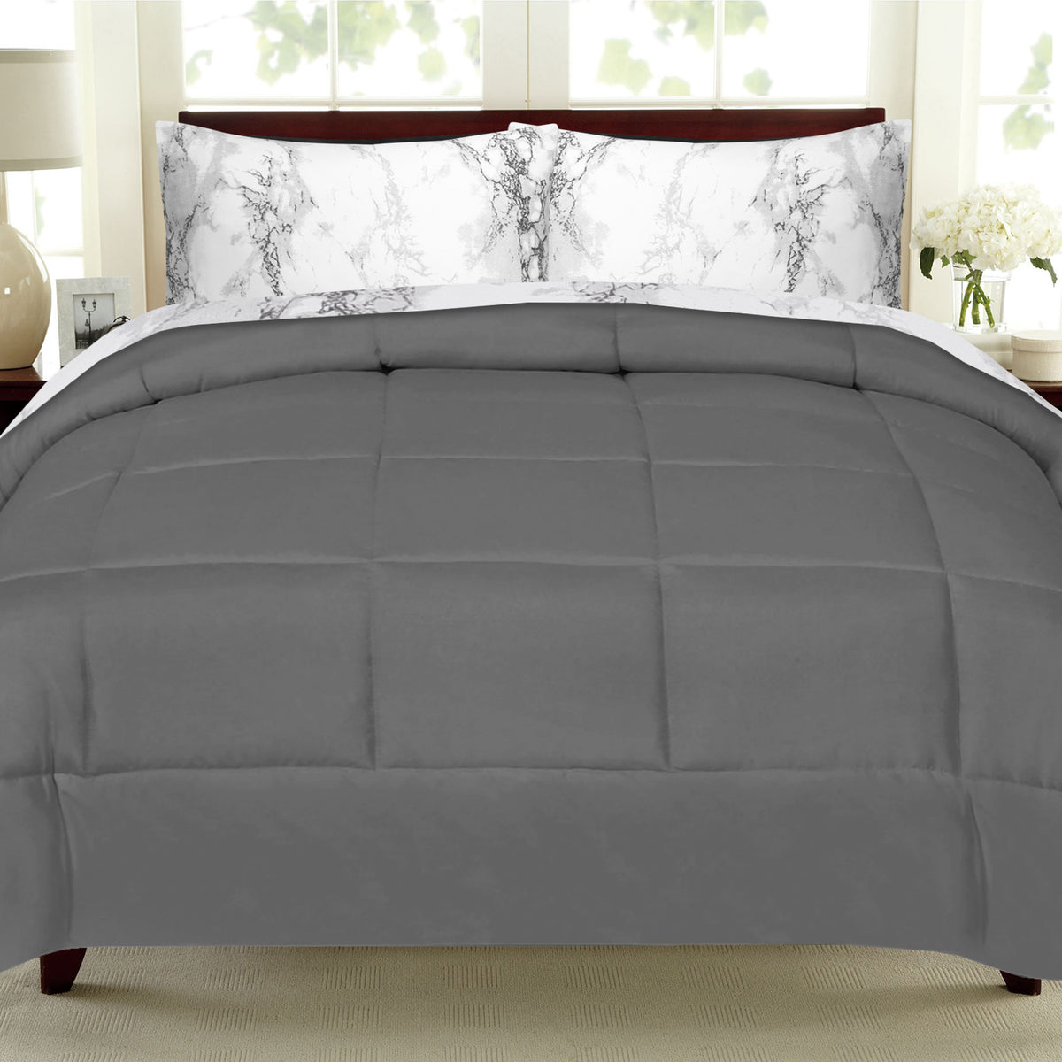 Comforter & Marble Print Sheet Set Gray