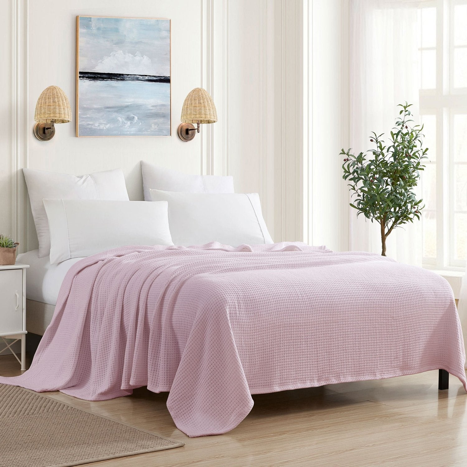 Basket Weave Cotton Blanket Pink - Bed