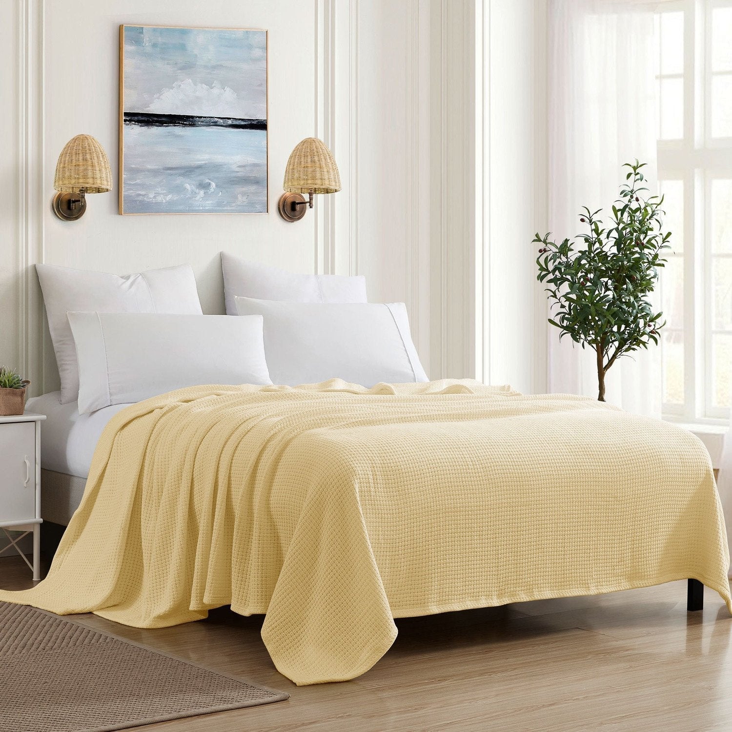 Basket Weave Cotton Blanket Yellow - Bed