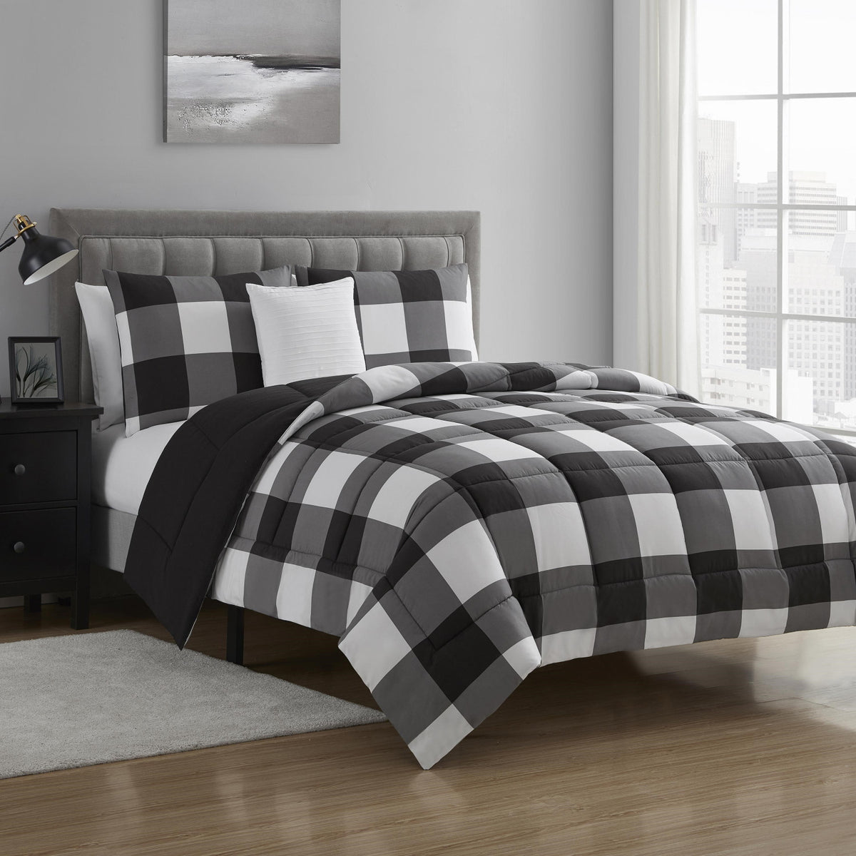 Buffalo Check 4-Piece Reversible Comforter Set Black Gray