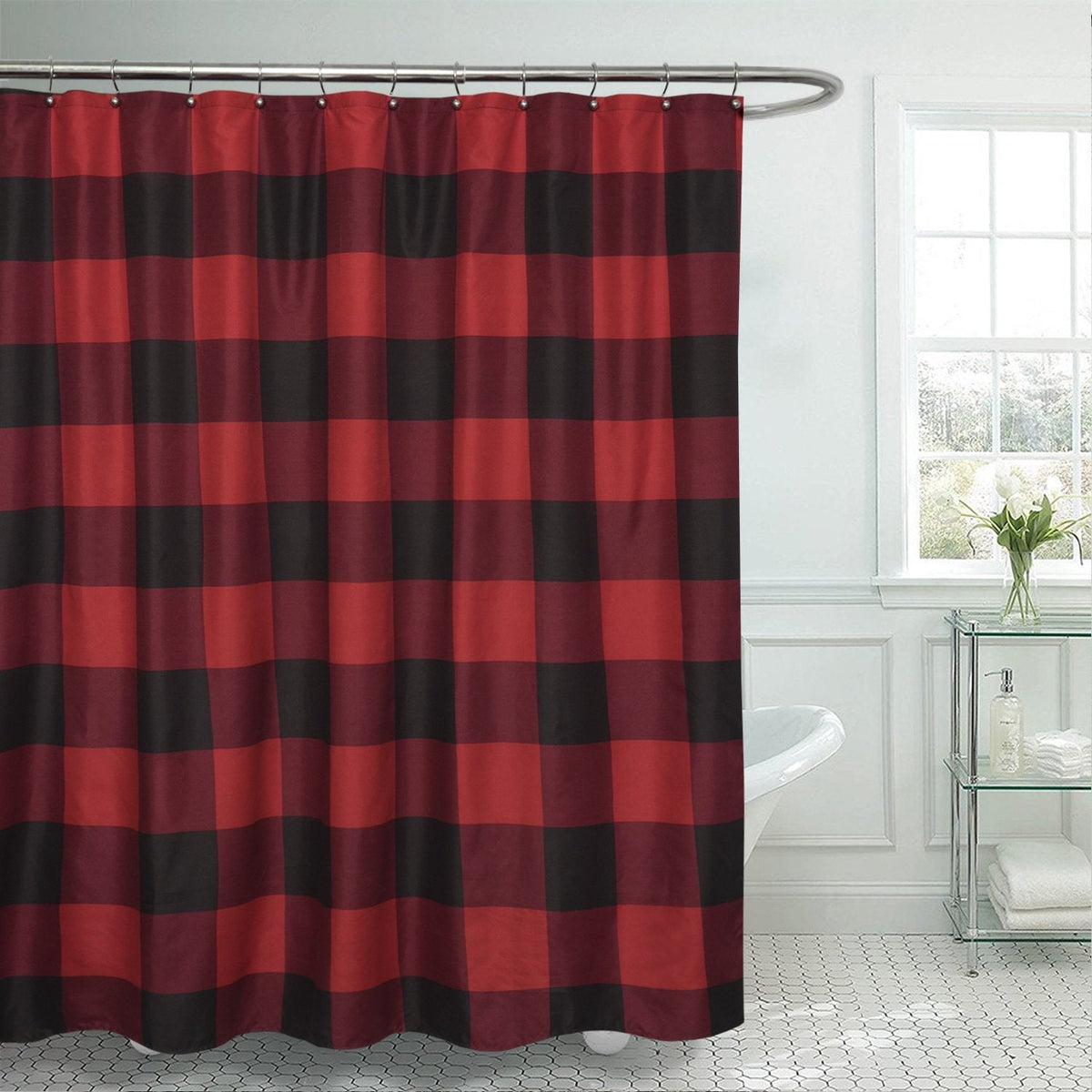 Buffalo Check Fabric Shower Curtain 72x72 Black/Burgundy - Lifestyle