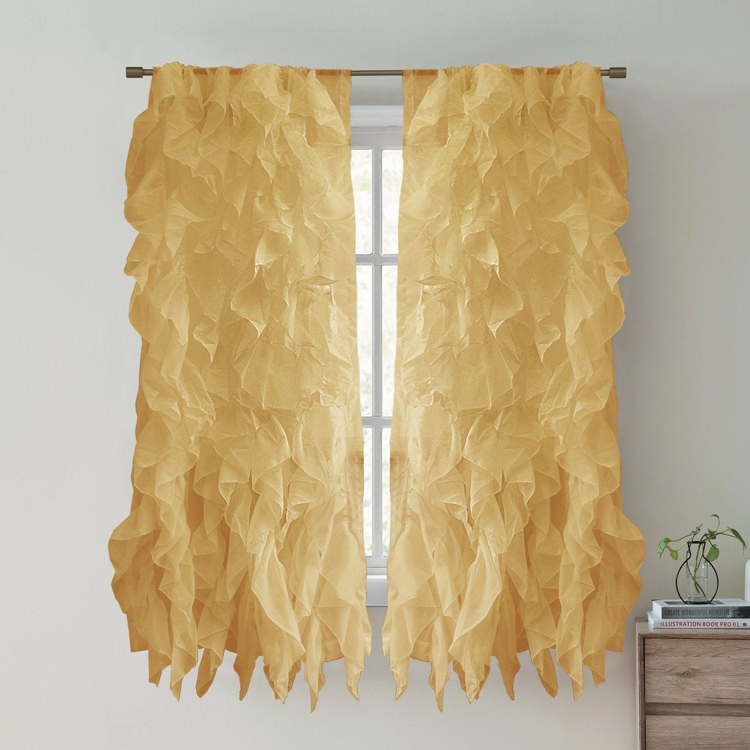 Chic Sheer Voile Ruffled Window Curtain 2-Pack Camel 63X100