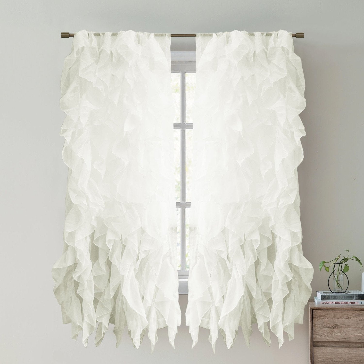 Chic Sheer Voile Ruffled Window Curtain 2-Pack Ivory 63X100