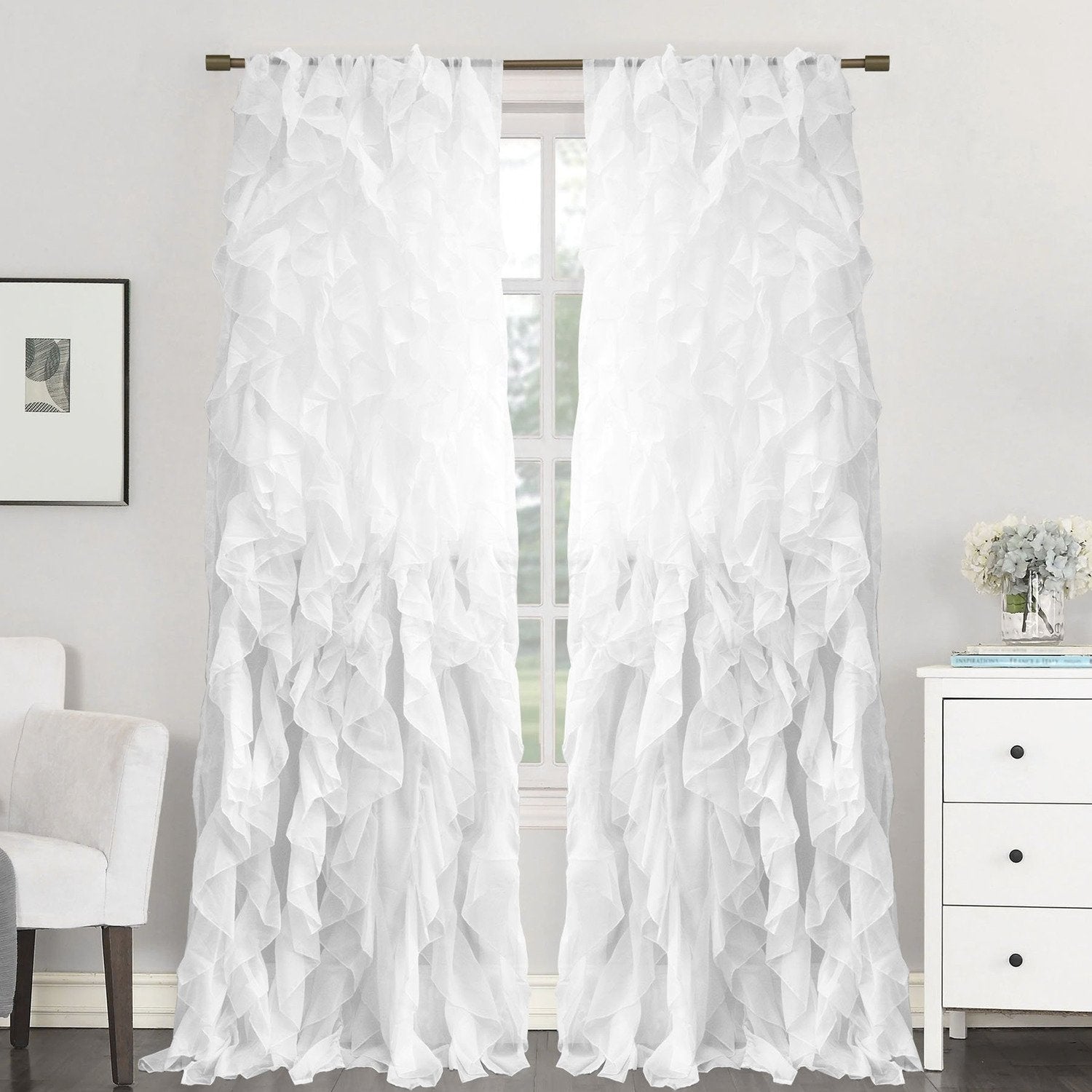 Chic Sheer Voile Ruffled Window Curtain 2-Pack White 84X100