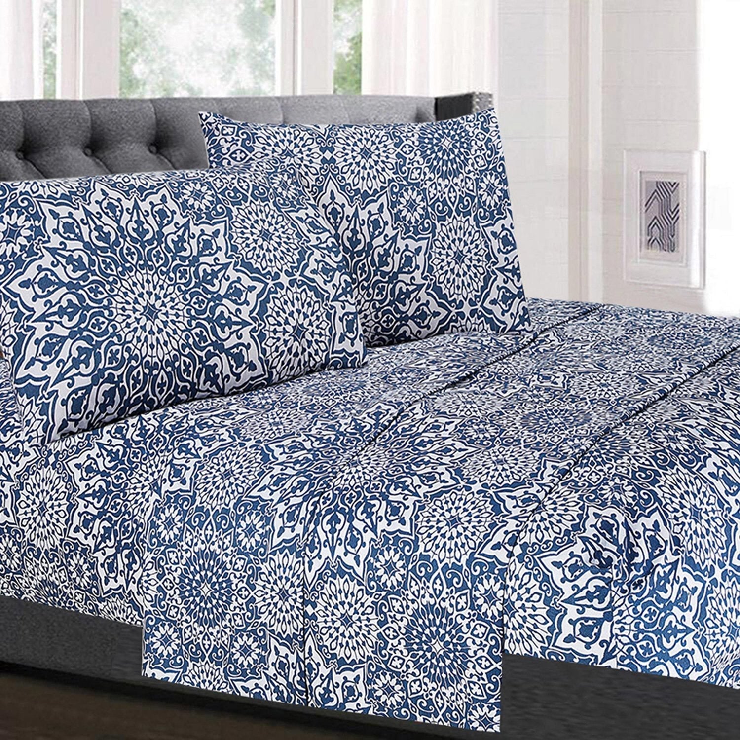 Classic 4-Piece Bed Sheet Set (Oasis Blue Mandala) - Bed