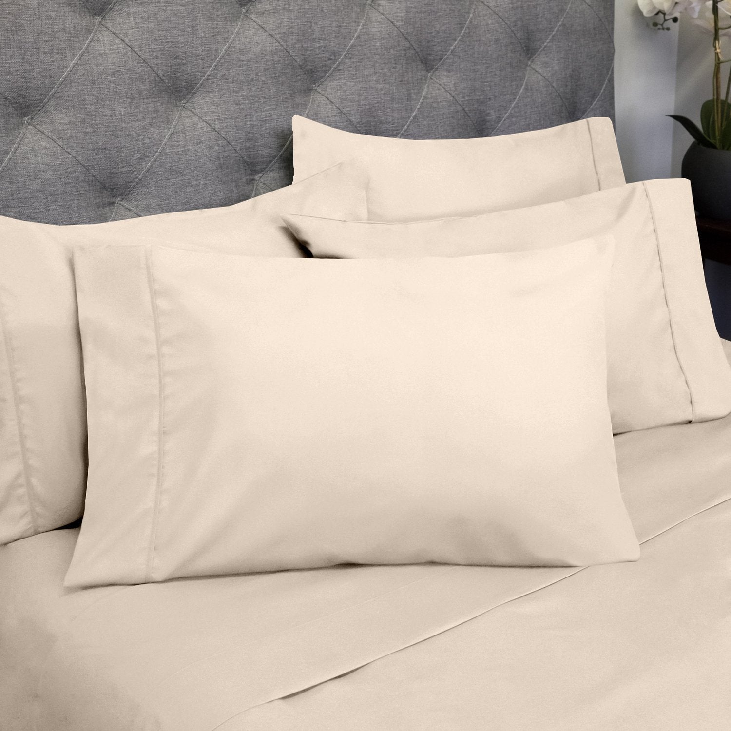 Deluxe 6-Piece Bed Sheet Set (Beige) - Pillowcases