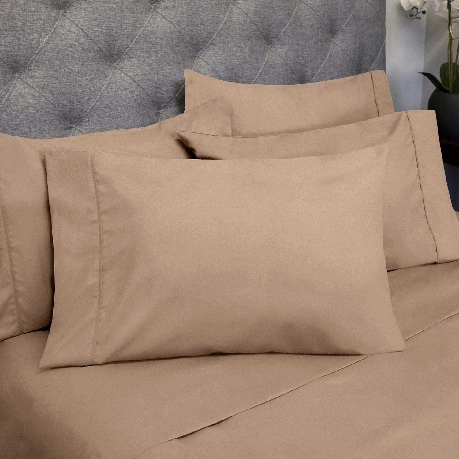 Deluxe 6-Piece Bed Sheet Set (Taupe) - Pillowcases