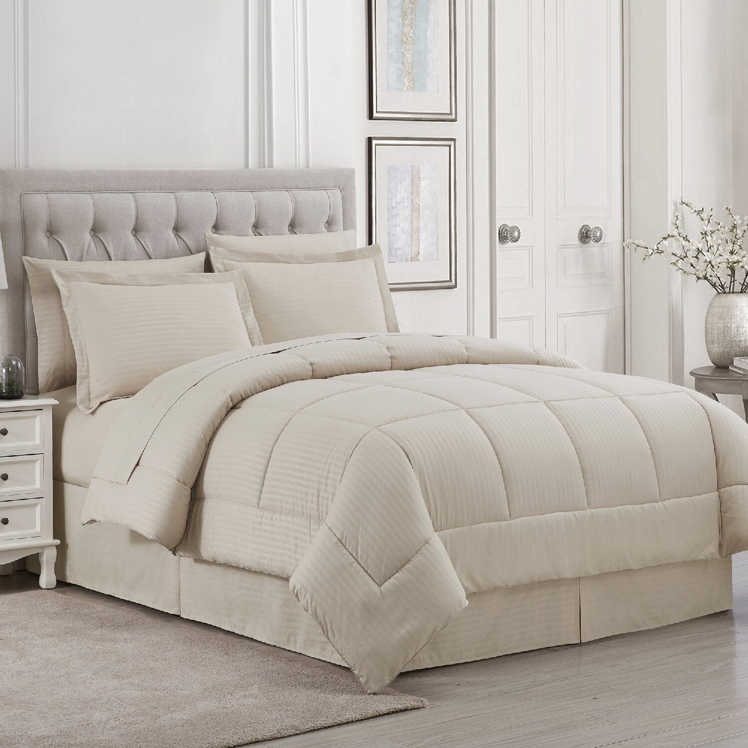 Dobby Stripe 8-Piece Bed In A Bag Comforter Set Beige - Bed