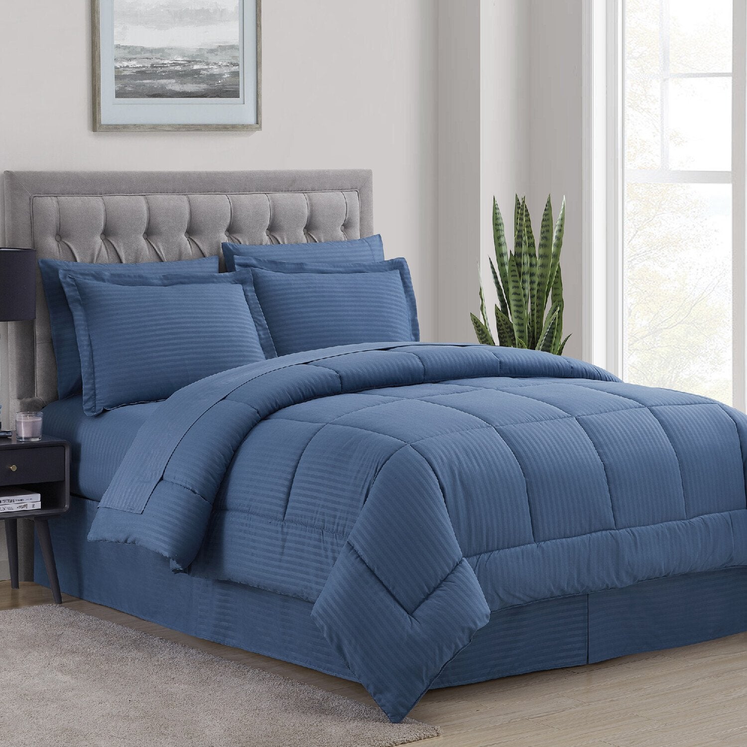 Dobby Stripe 8-Piece Bed In A Bag Comforter Set Denim - Bed