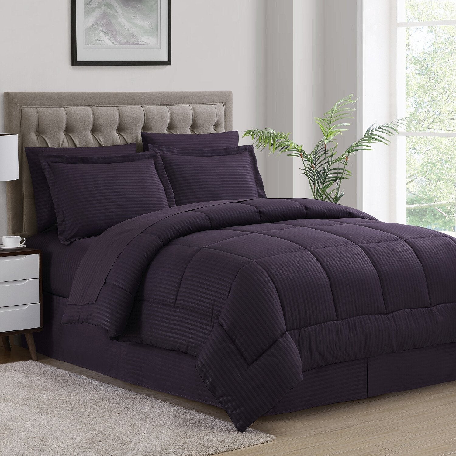 Dobby Stripe 8-Piece Bed In A Bag Comforter Set Eggplant - Bed