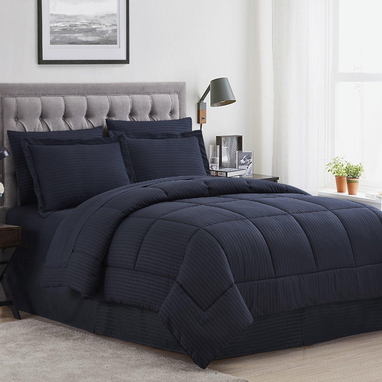 Dobby Stripe 8-Piece Bed In A Bag Comforter Set Navy - Bed