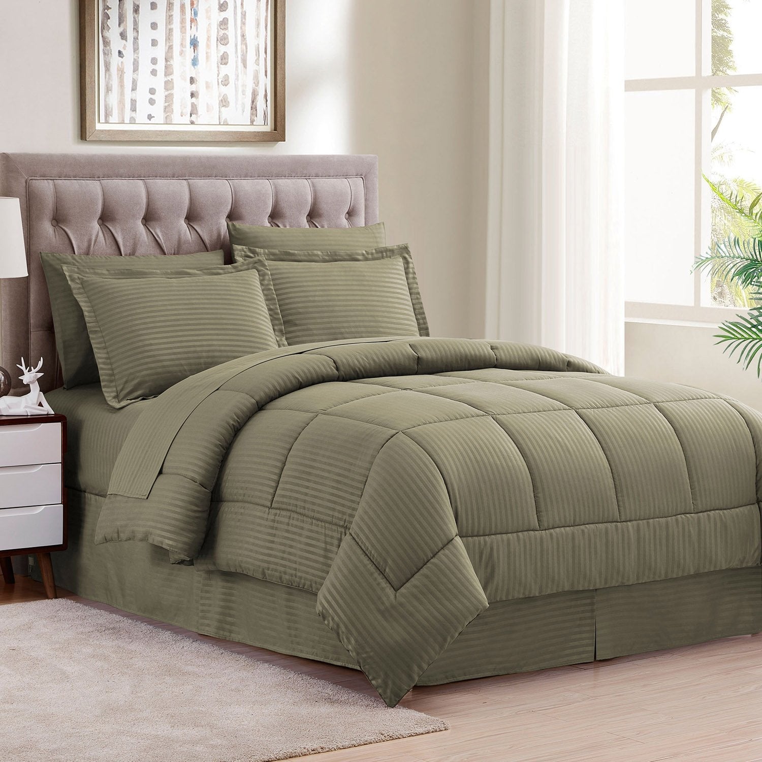 Dobby Stripe 8-Piece Bed In A Bag Comforter Set Sage - Bed