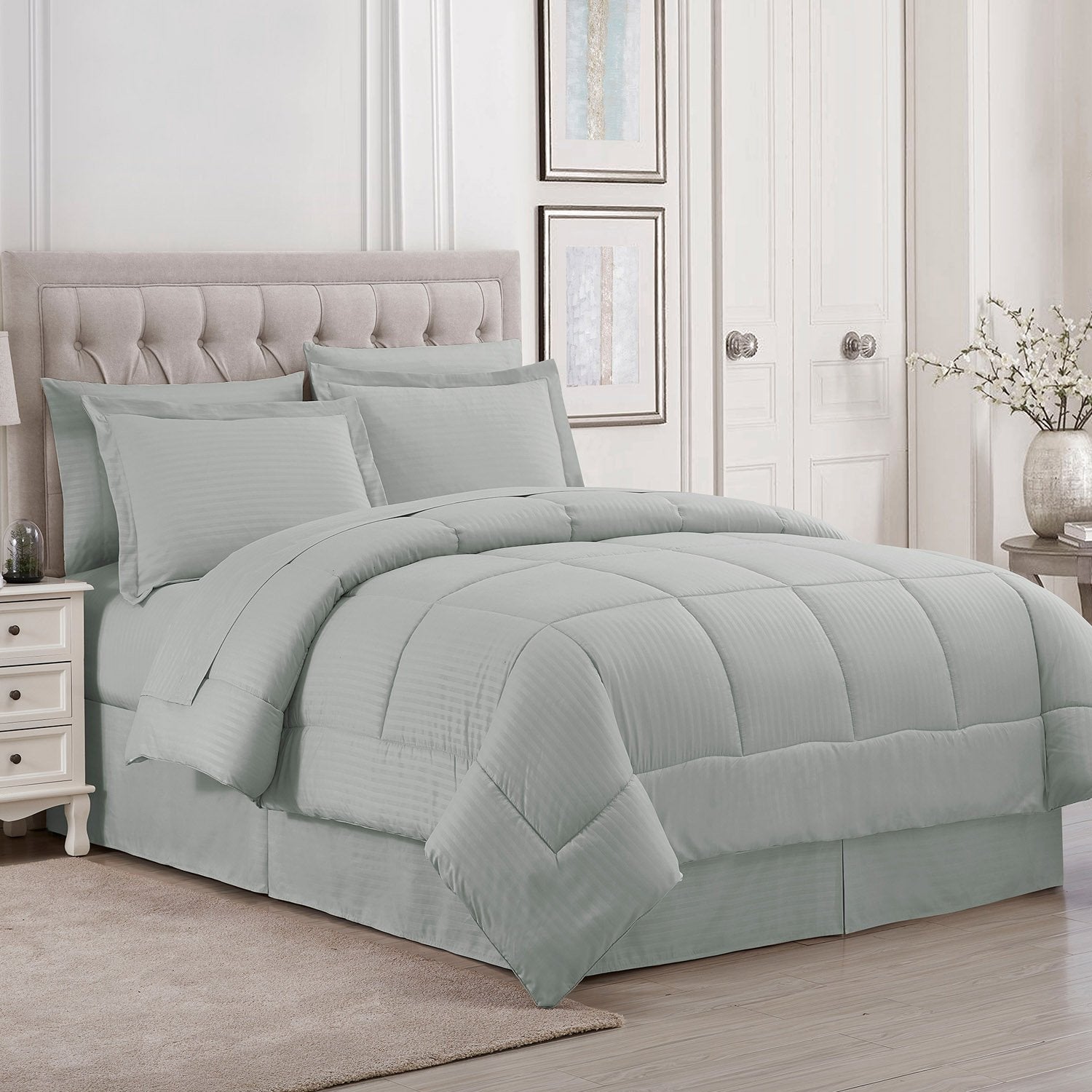 Dobby Stripe 8-Piece Bed In A Bag Comforter Set Silver - Bed