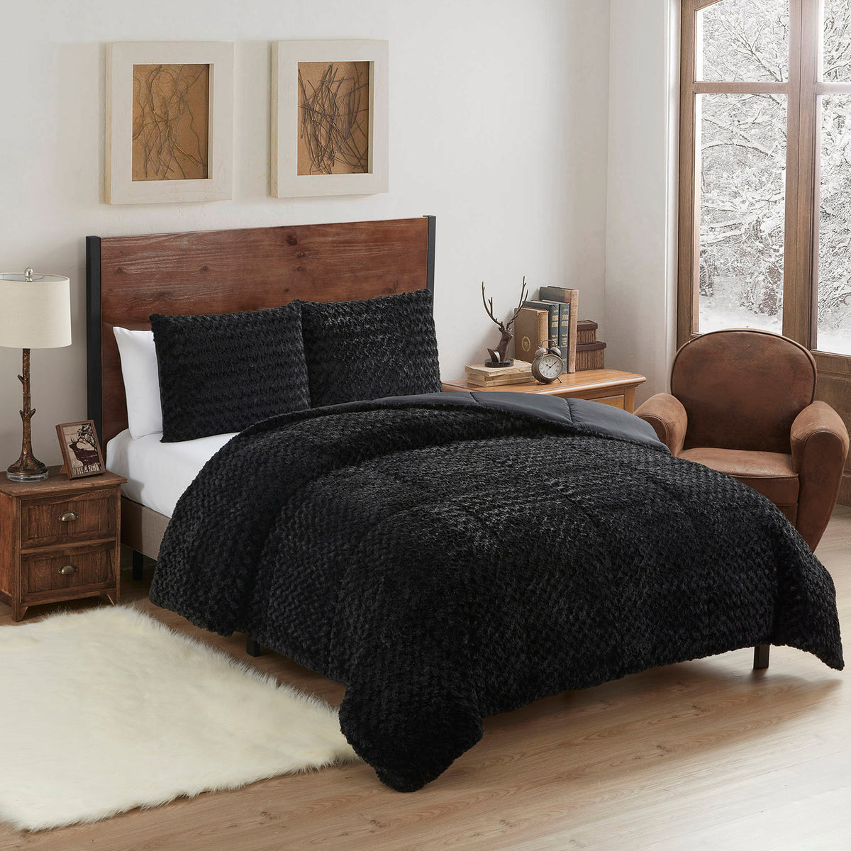 Faux Fur Animal 3-Piece Comforter Set, Black - Bed