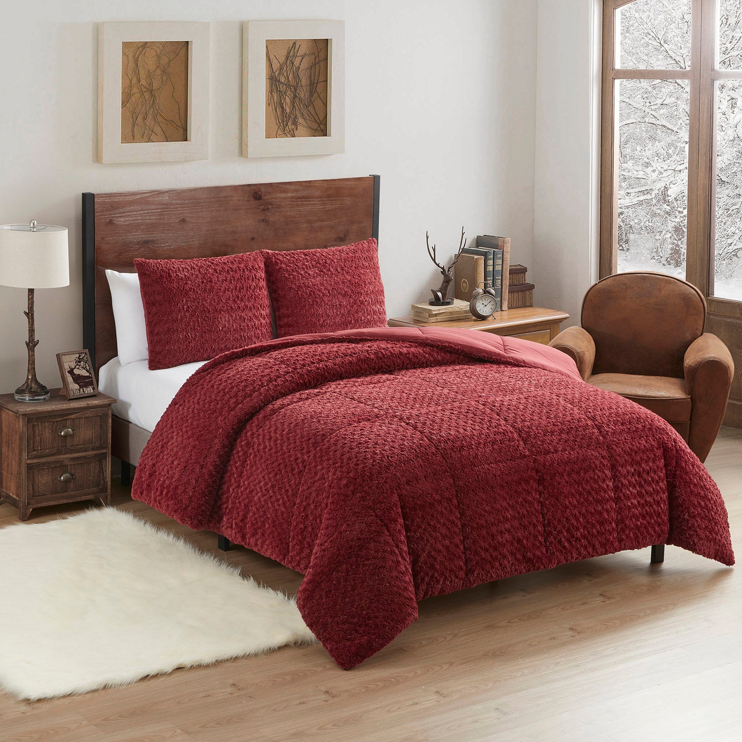 Faux Fur Animal 3-Piece Comforter Set, Burgundy - Bed