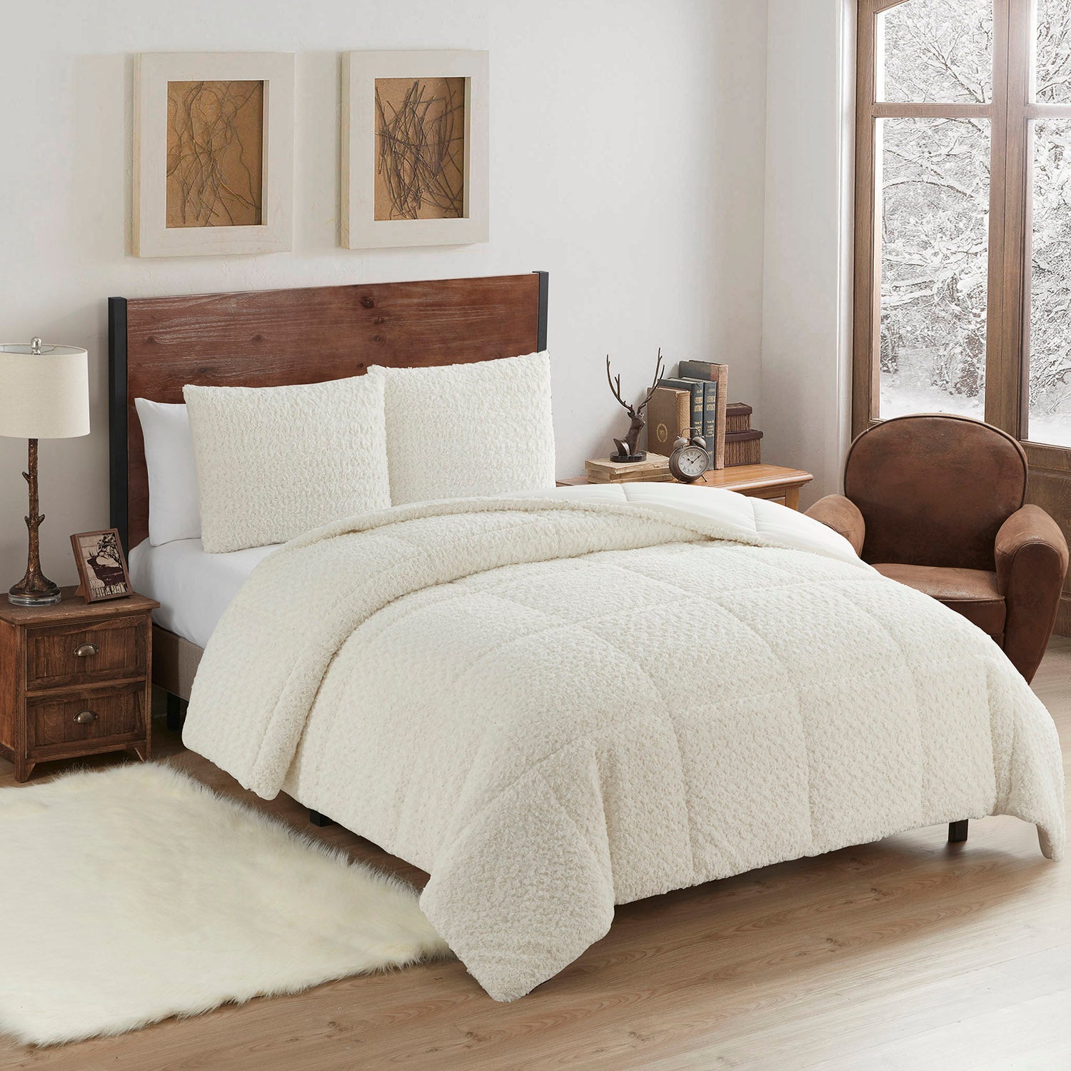 Faux Fur Animal 3-Piece Comforter Set, Ivory - Bed