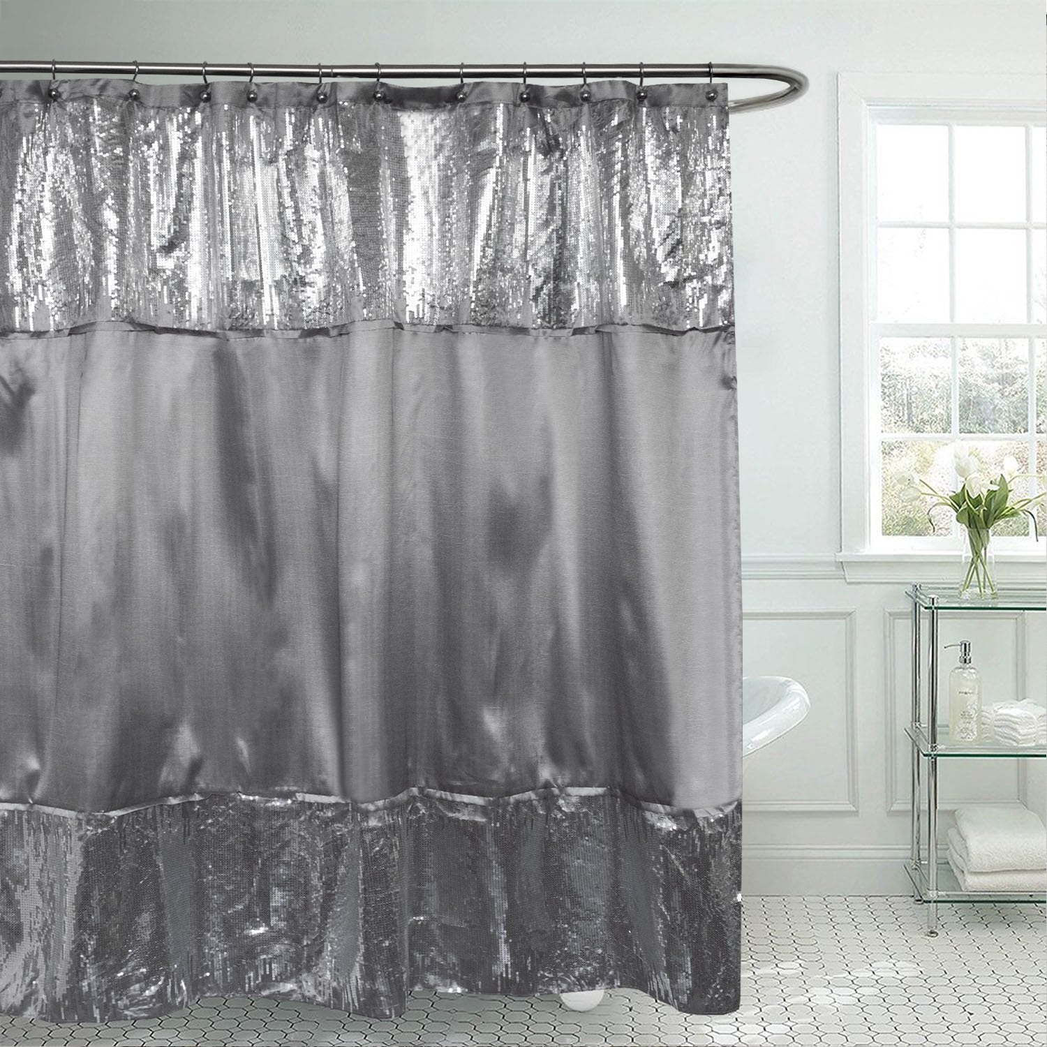 Silver Gray Grey Sequin Glam Shower Curtain Fabric Bathroom Hooks