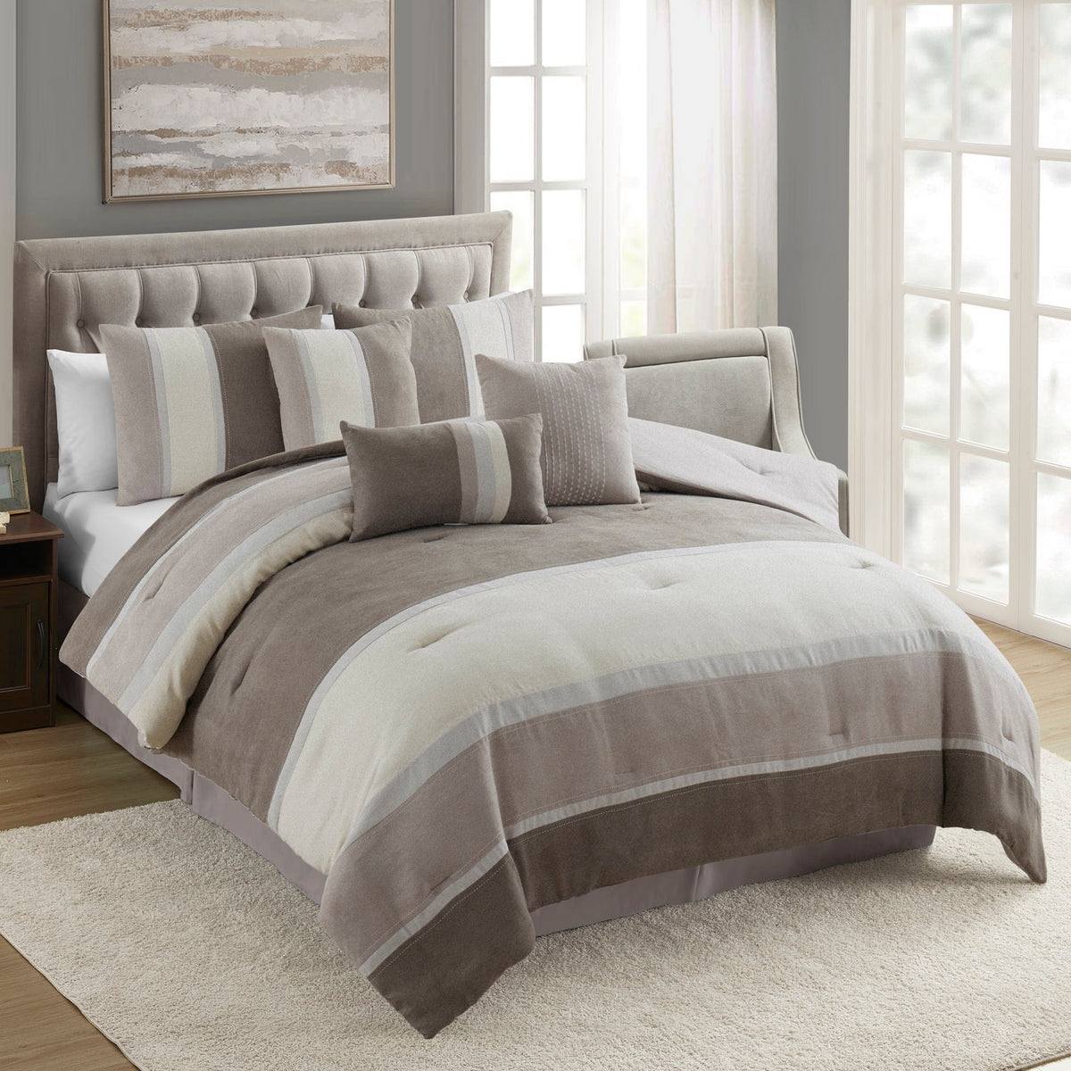Harvey 7-Piece Suede Bed in a Bag Set, Taupe - Bed