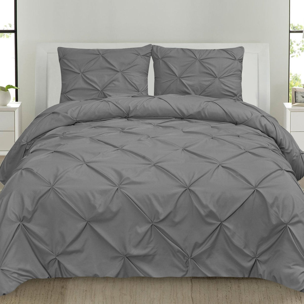 Pinch Pleat Pintuck 3-Piece Comforter Set Gray - Bed