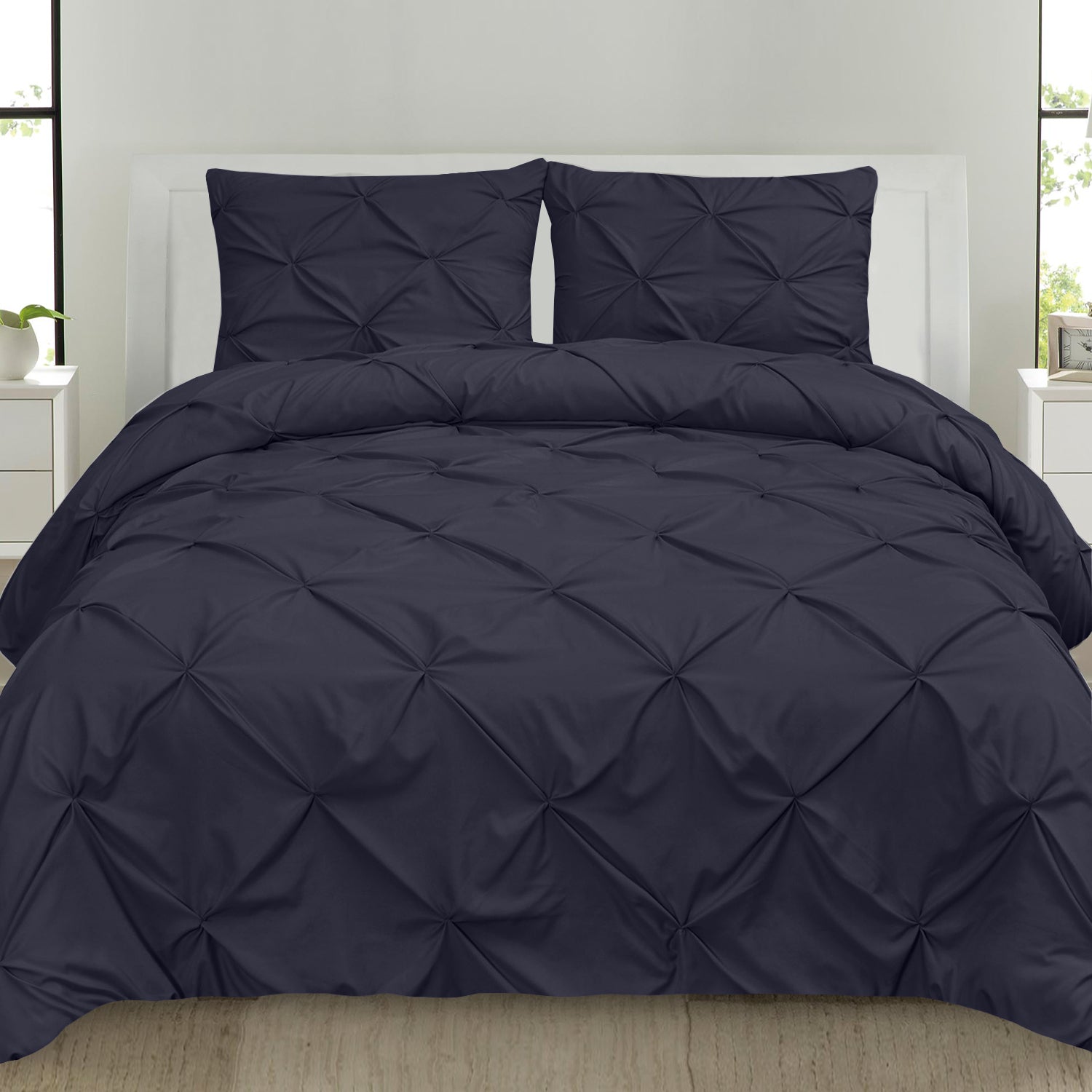 Hudson Pinch Pleat 3-Piece Duvet Set Navy - Bed