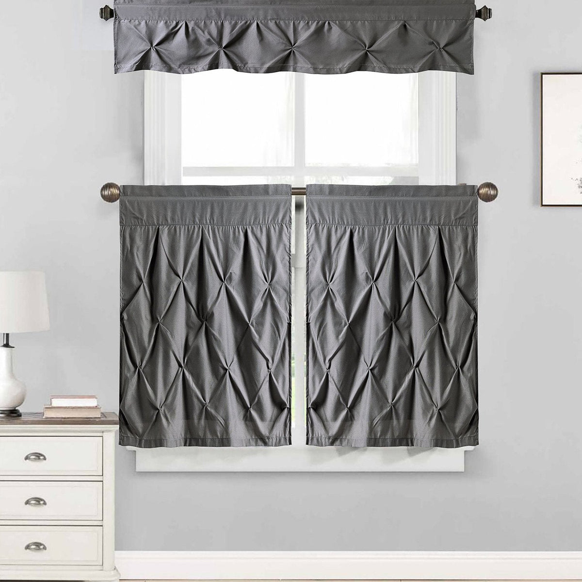 Pintuck Kitchen Window Curtain And Valance Set Gray 24 In