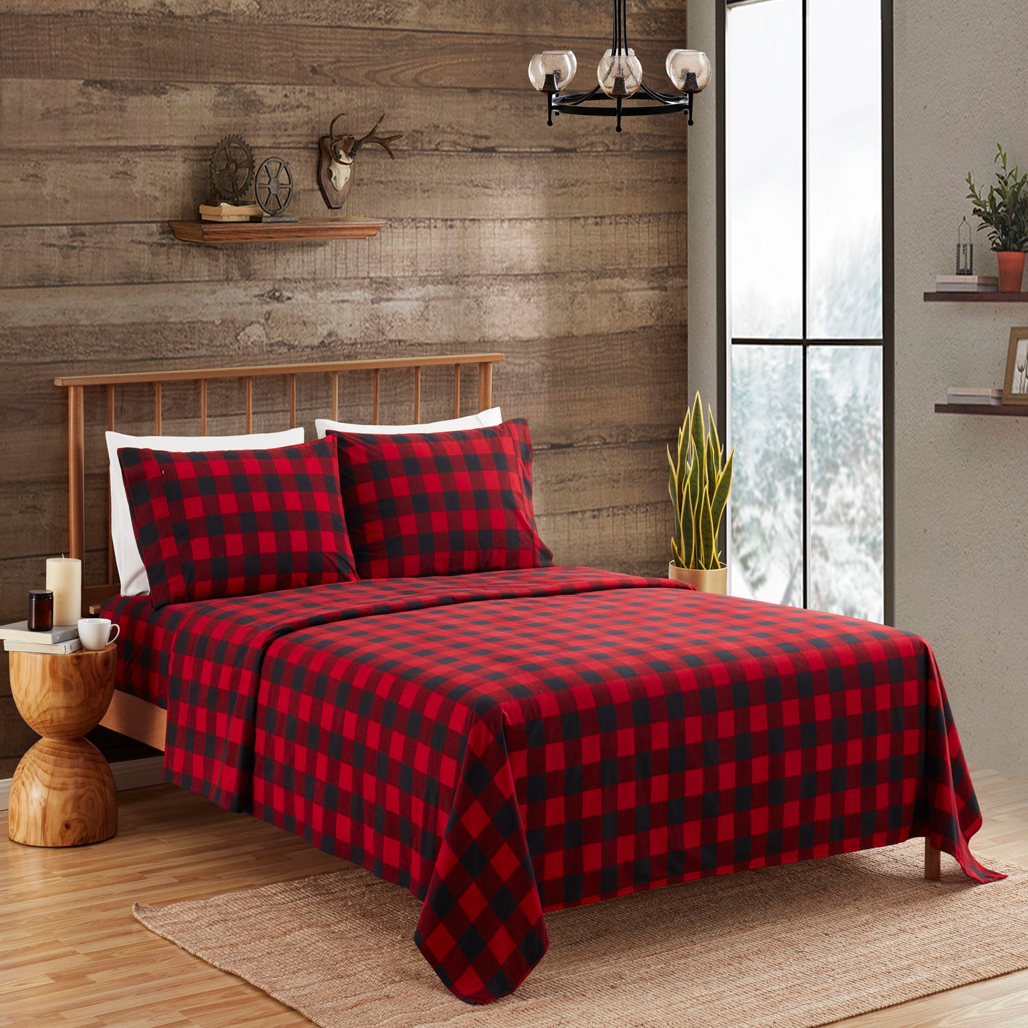 Printed Flannel 4-Piece Sheet Set, Buffalo Check - Bed