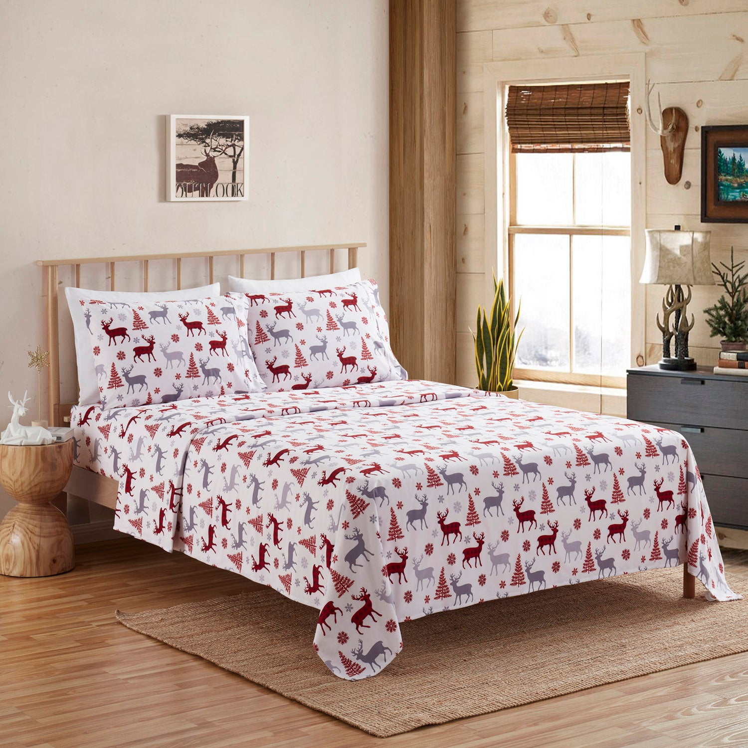 Printed Flannel 4-Piece Sheet Set, Buffalo Deer - Bed